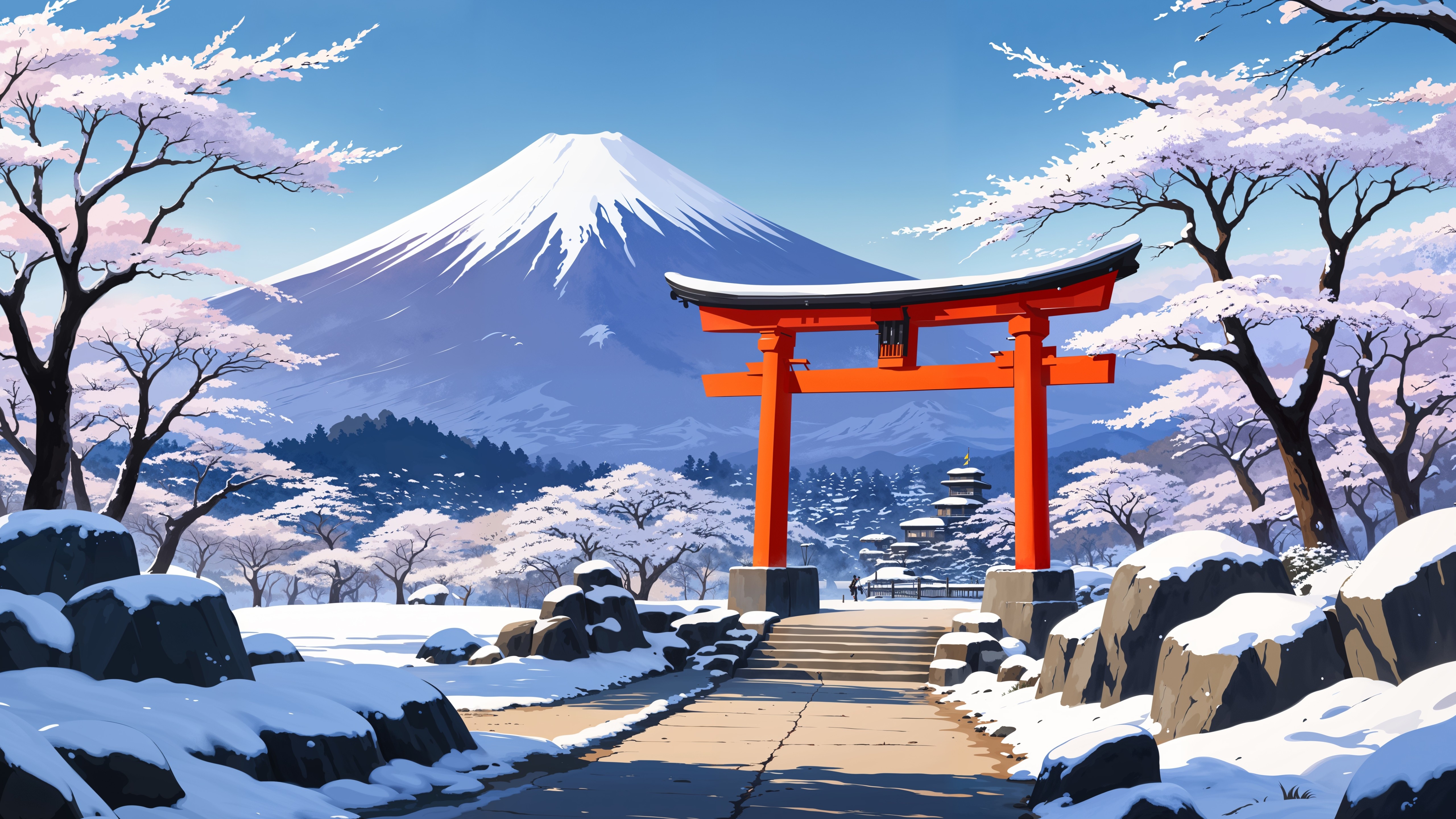 Torii Gate in Snowy Mount Fuji Landscape