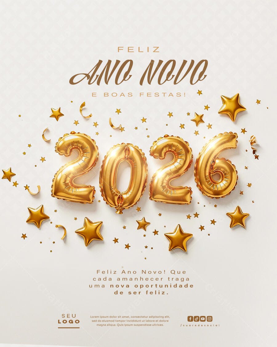 Editable PSD Social Media Post Happy New Year 2026 Golden Balloons. PSD Premium [download]