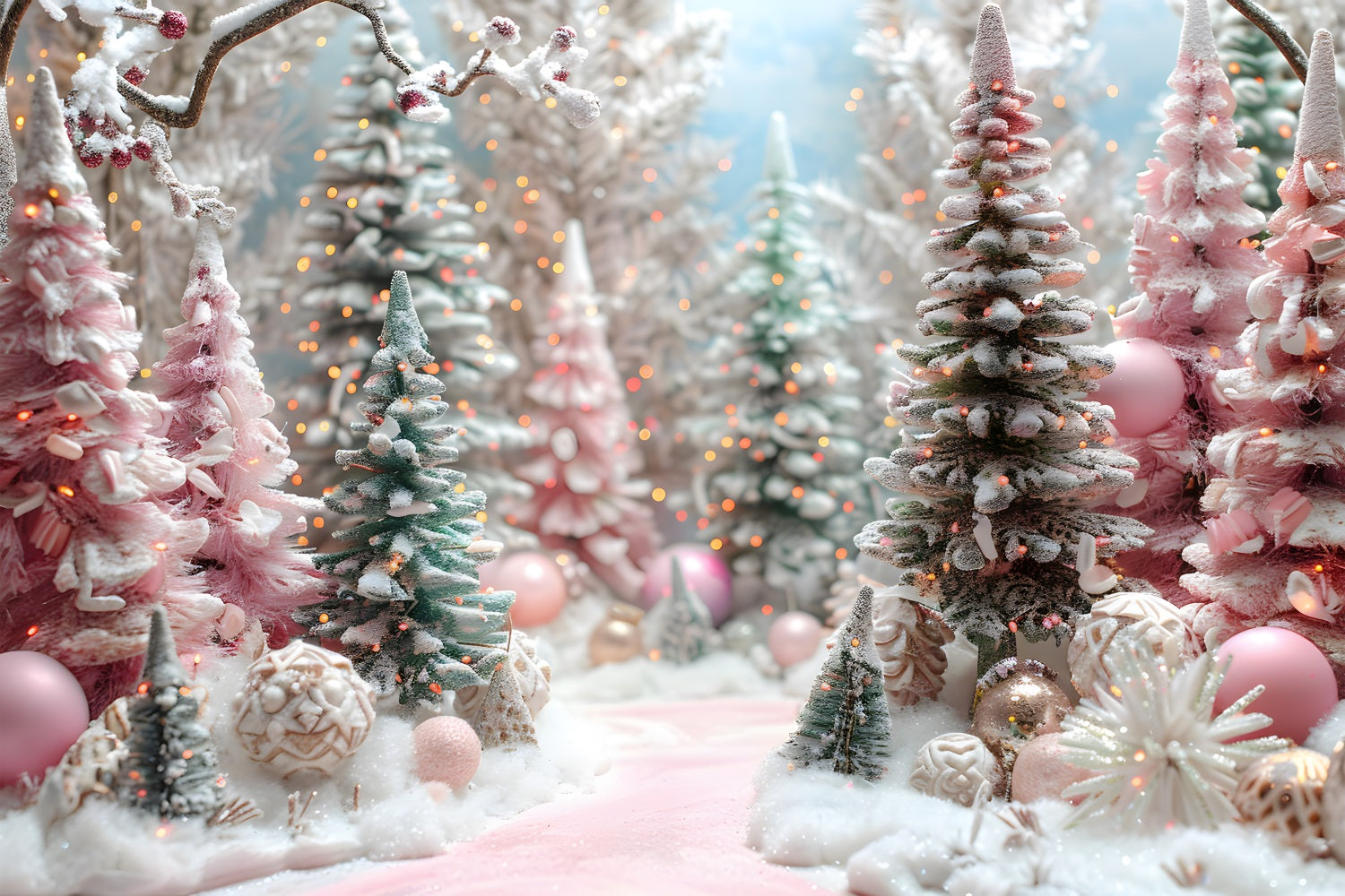 Christmas Pink Forest Decorated Trees Backdrop RR7 601
