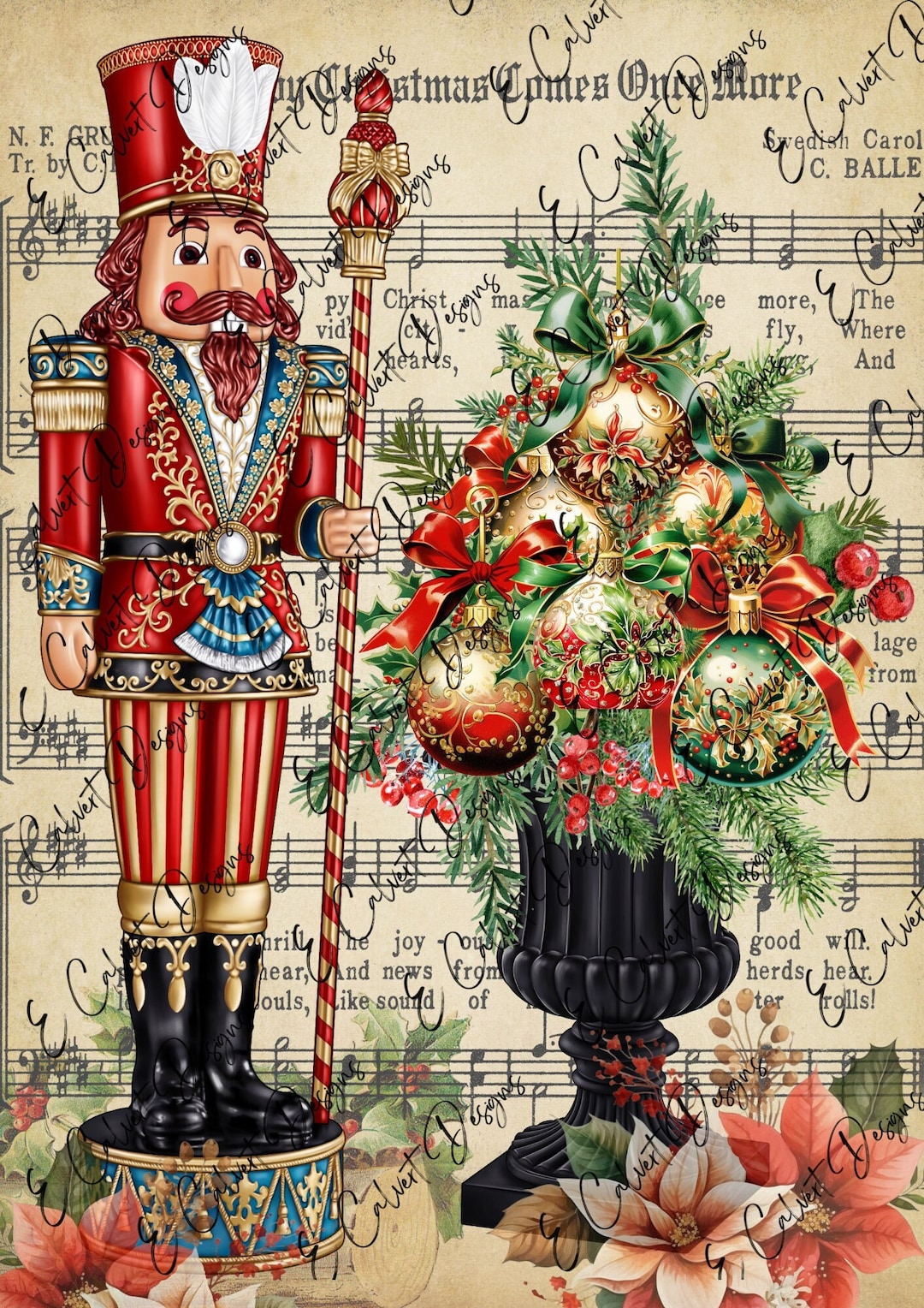 Nutcracker Christmas Music Ornament Topiary Digital for Rice Paper Decoupage Poinsettia the Happy Christmas Comes Once More