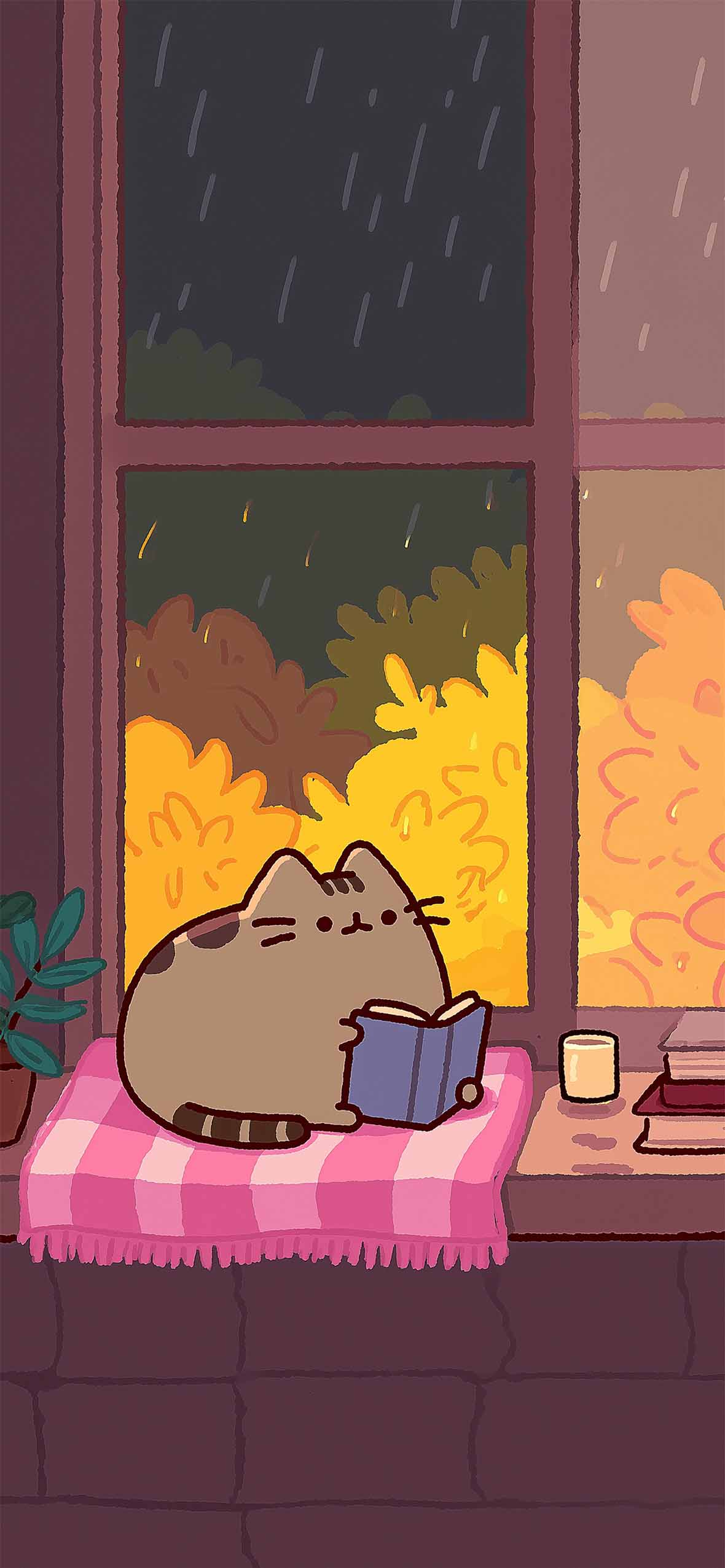 Pusheen Cat Reading Cozy Rainy Window Wallpaper iPhone HD