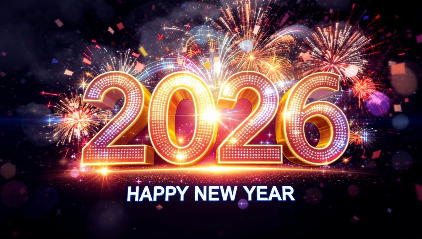 Imagen Gratis: Postal Feliz Año Nuevo 2026, Un Número Dorado Naranja Brillante 2026 Con Fuegos Artificiales De Fondo