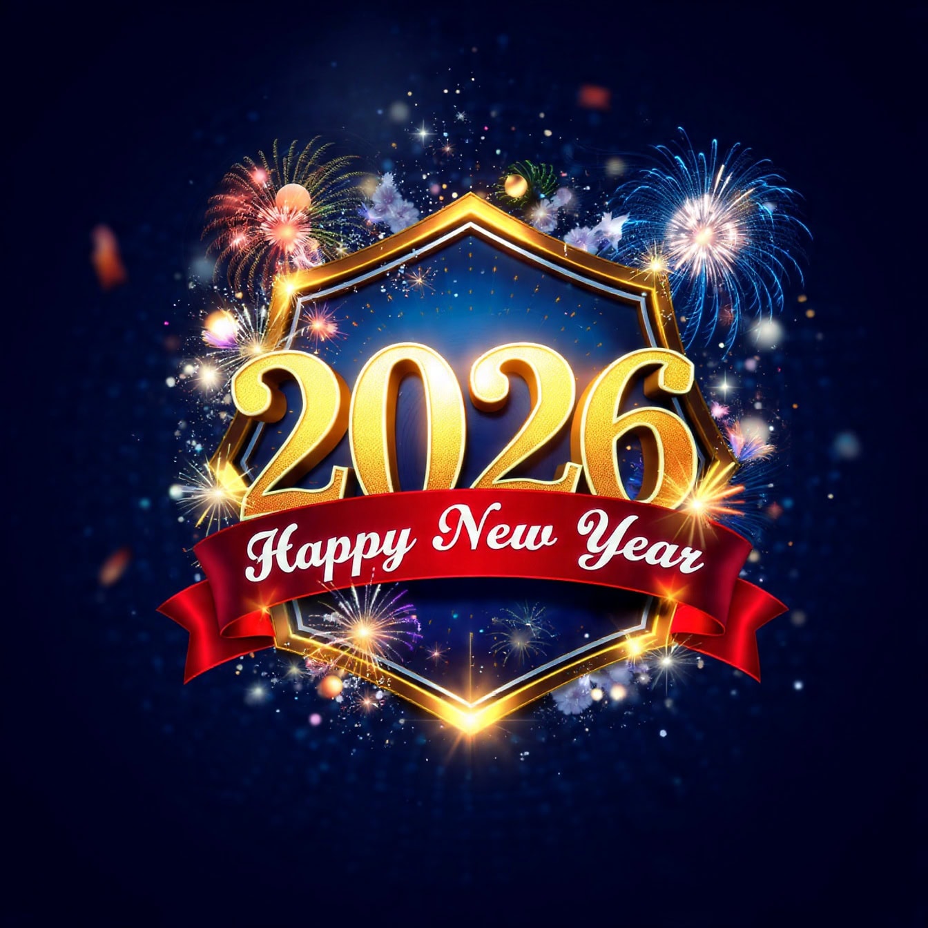 Imagen gratis: Feliz postal del Año Nuevo 2026, un texto dorado y fuegos artificiales sobre fondo azul