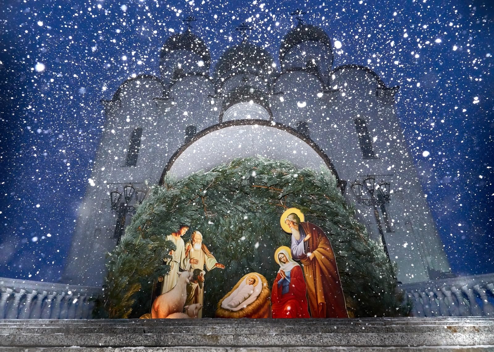 Amazon.com, Loccor 20x10ft Fabric Winter Nativity Scene Backdrop Christmas Snowy Night Birth of Baby Jesus Russian Cathedral Background Xmas Party Religious Christian Church Decor Photo Booth Props