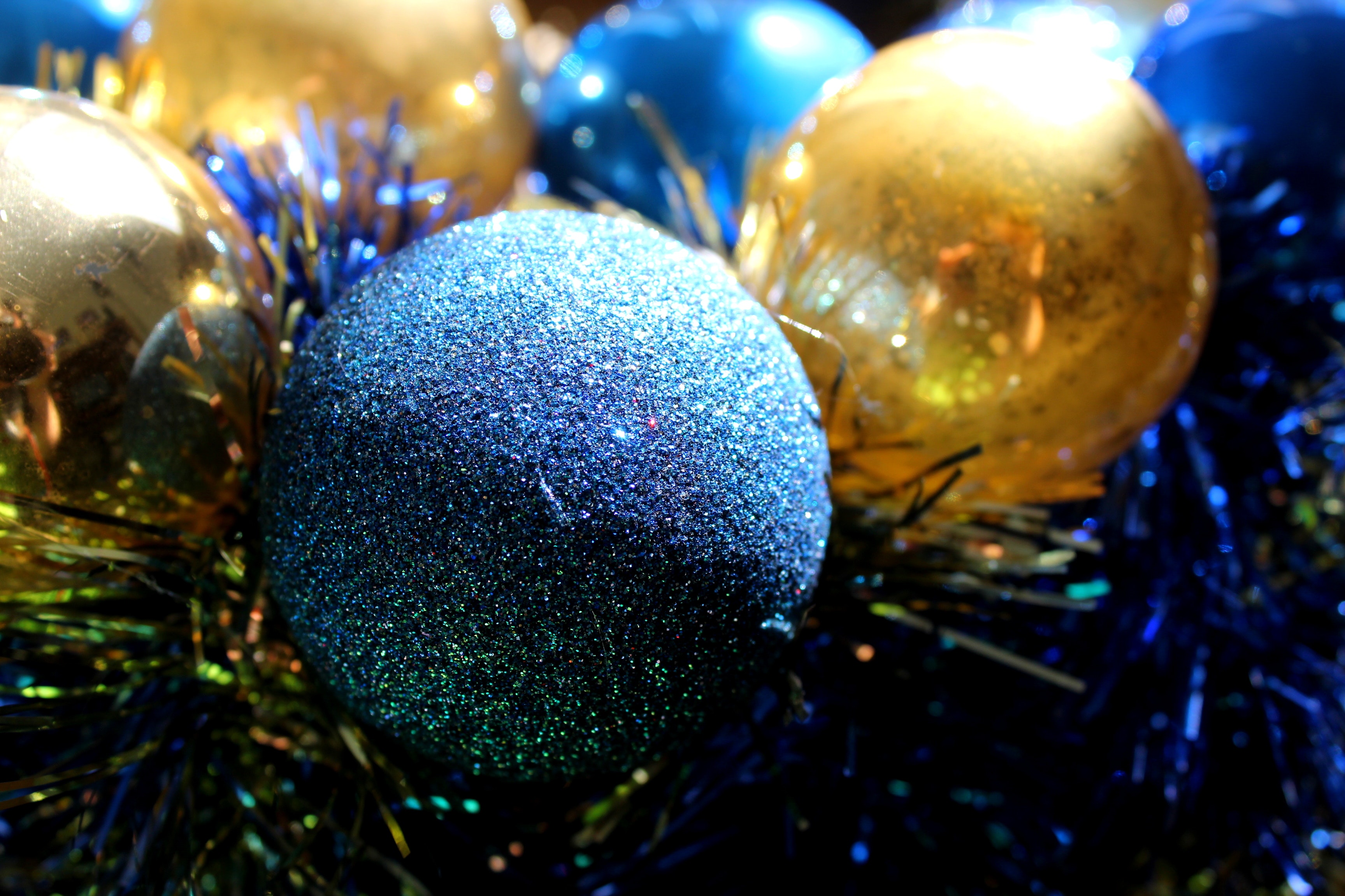 Free Image, blue, christmas decoration, close up, macro photography, christmas ornament, computer wallpaper, holiday, glitter, sphere, fir 3456x2304