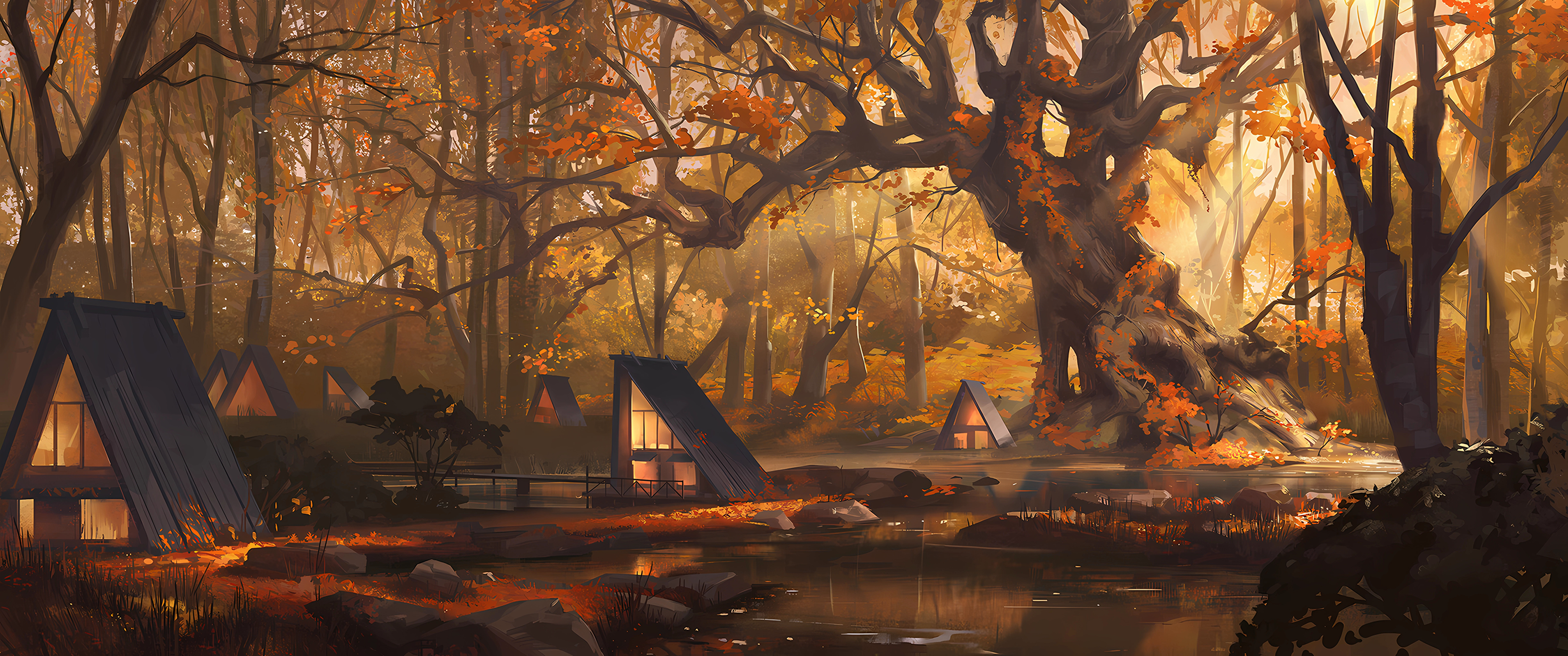 Cabin in autumn in the forest [3440x1440]