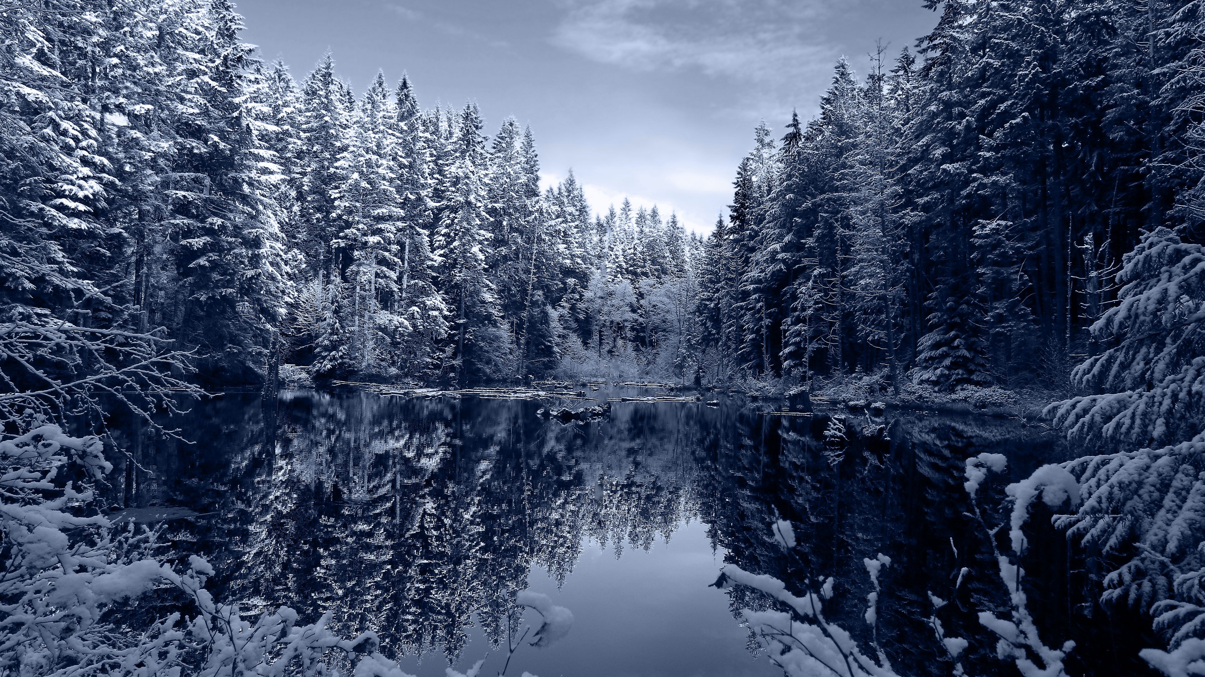 Frozen Lake Forest Trees Snow Winter Landscape Clouds Sky Reflection 4K HD Nature Wallpaper