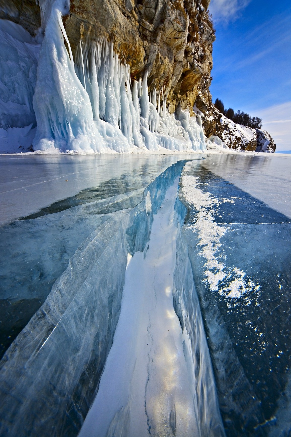 nature, Landscape, Trees, Forest, Lake Baikal, Winter, Snow, Ice, Frost, Frozen Lake, Rock, Clouds, Portrait Display, Cliff, Icicle Wallpaper HD / Desktop and Mobile Background