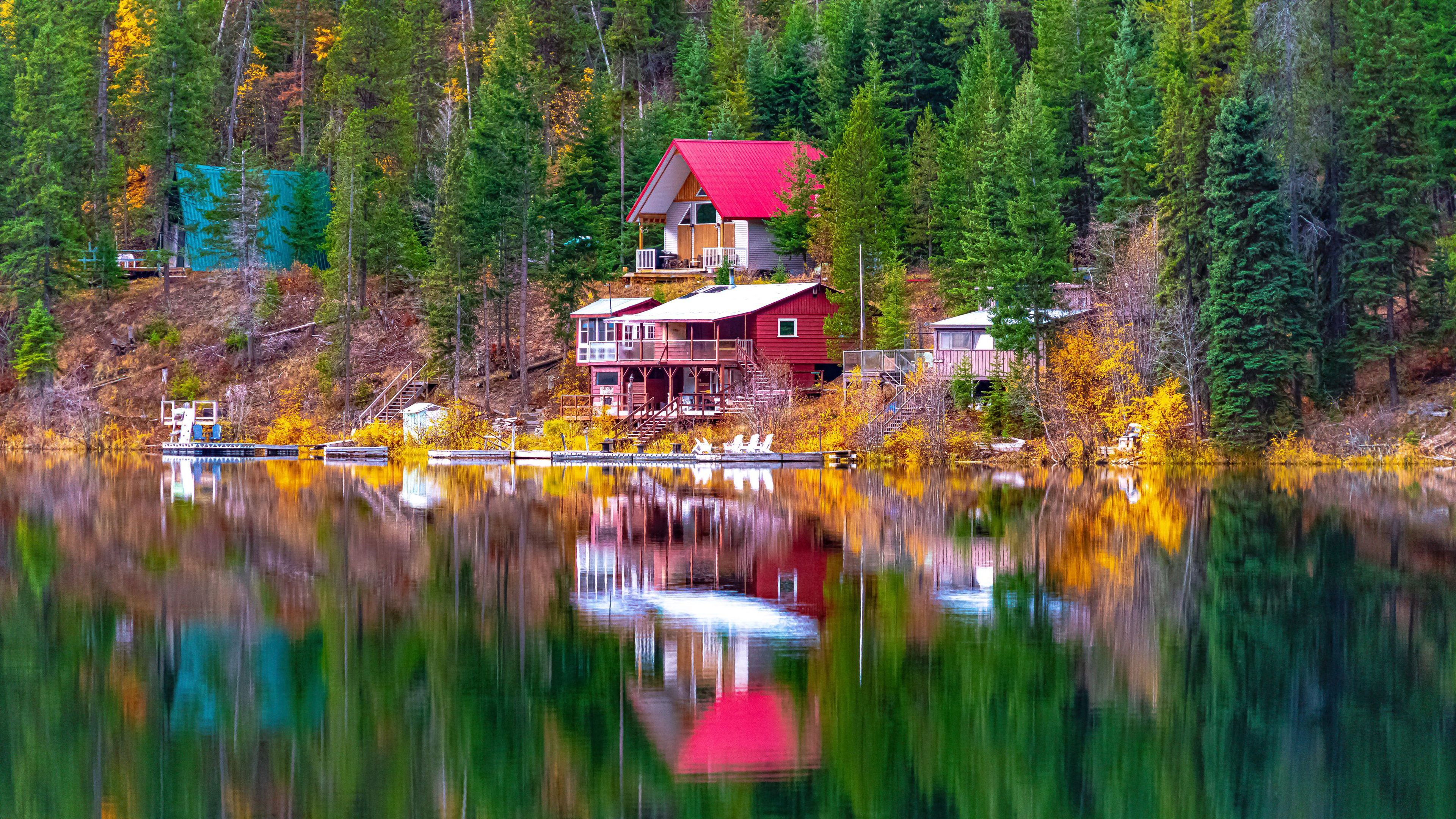 Beautiful Colorful Houses Autumn Trees Scenery Reflection On Lake During Daytime 4K HD Nature Wallpaper