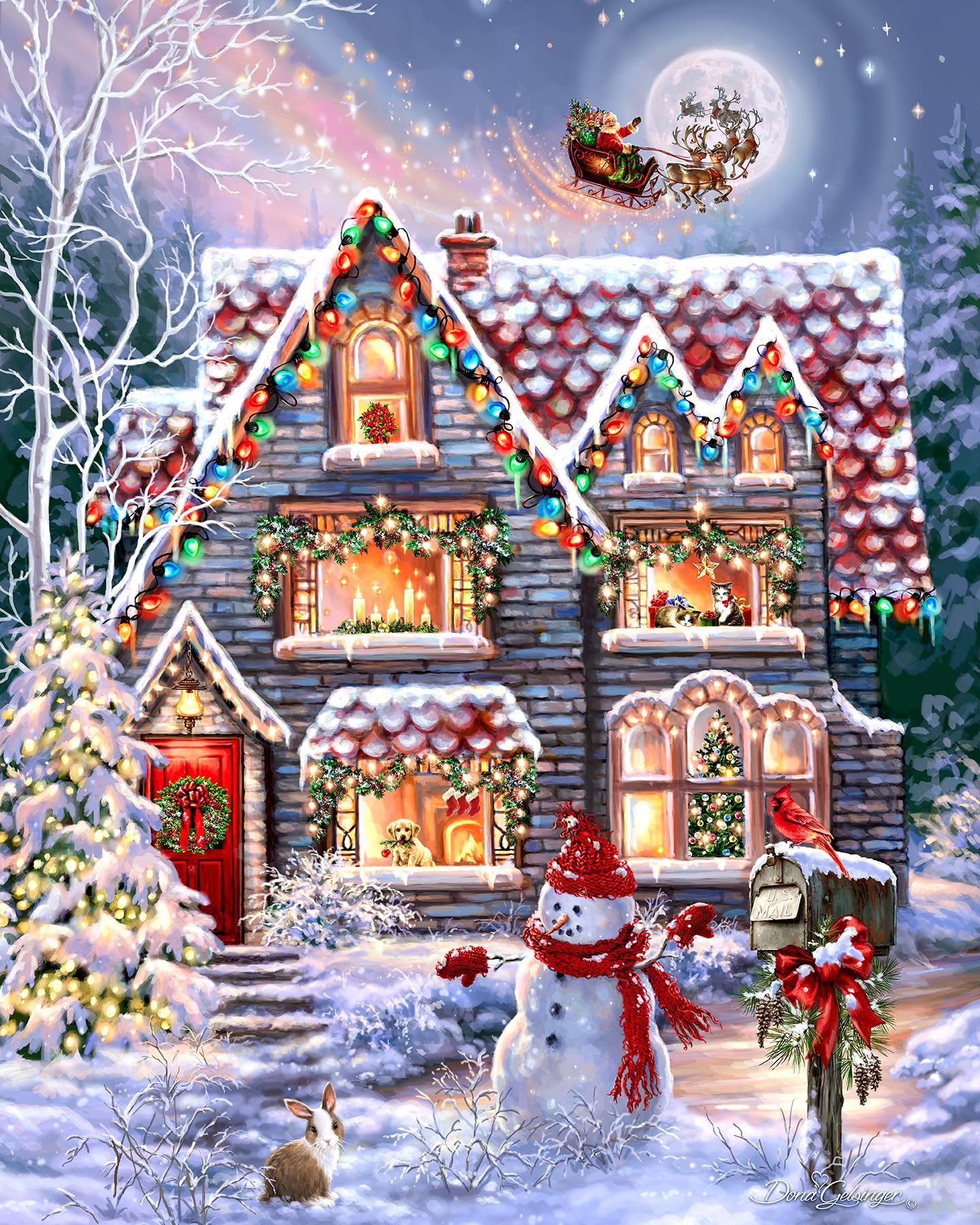 Springbok's Christmas Eve Cottage 1000 Piece Jigsaw Puzzle is a Classic Image of a Cozy Christmas Cottage Complete with Snowman and Santa Sailing Above in His Sleigh, Toys & Games