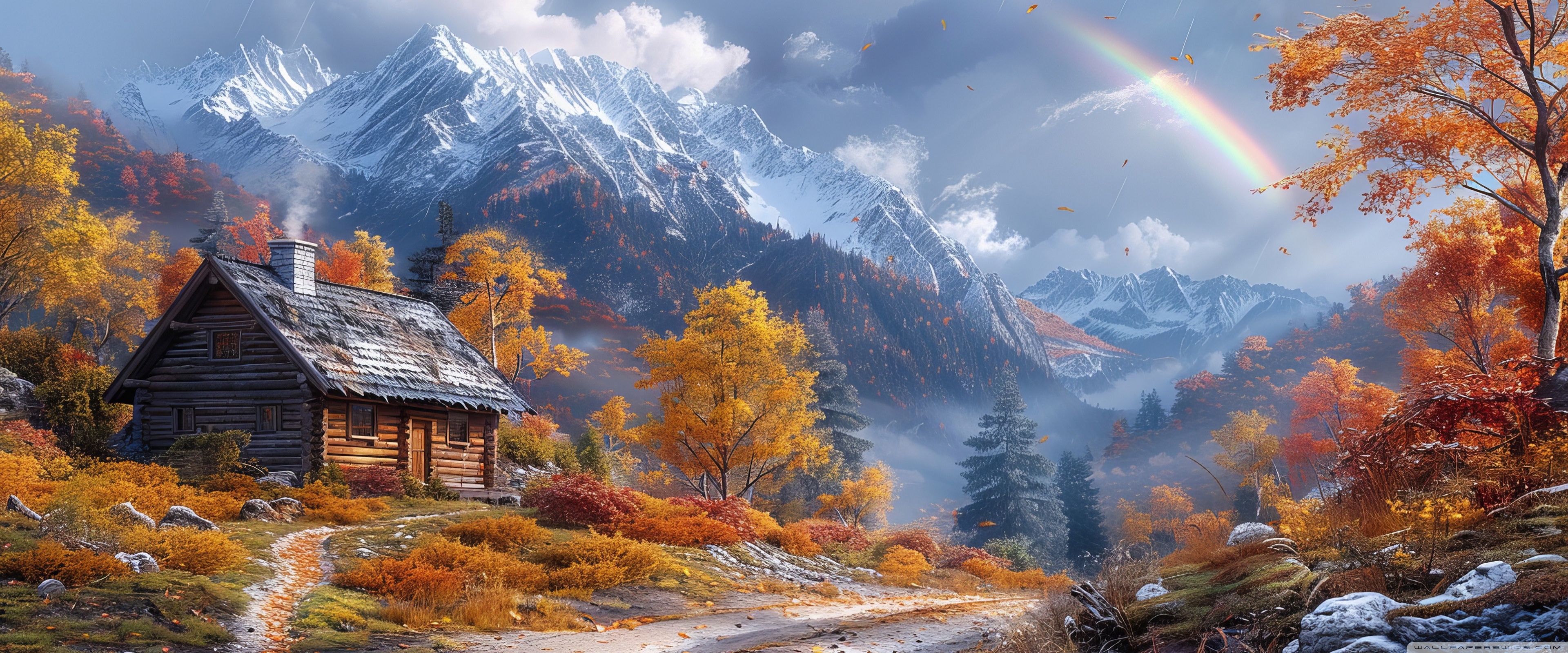 Log Cabin by the Road, Mountain, Autumn turning into Winter 4K UHD Wallpaper for UltraHD Desktop and TV, Widescreen and UltraWide Display, Dual Monitor, Smartphone and Tablet Devices