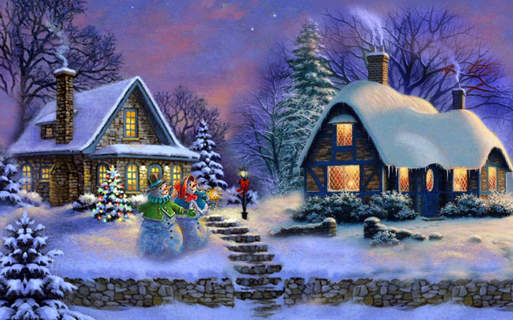 Cozy Christmas Snowman Scene: Artistic Winter Tree & Cottage HD Wallpaper
