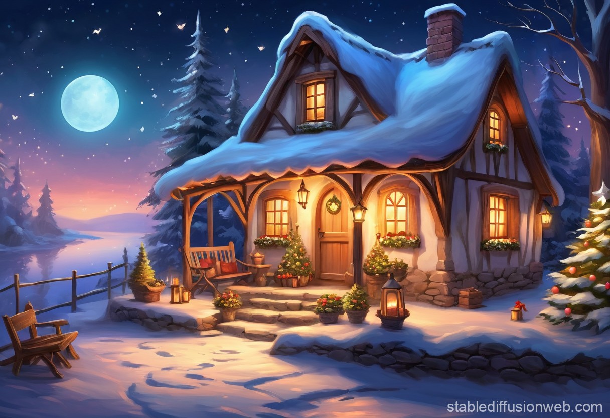 Cozy Christmas Cottage Night. Stable Diffusion Online