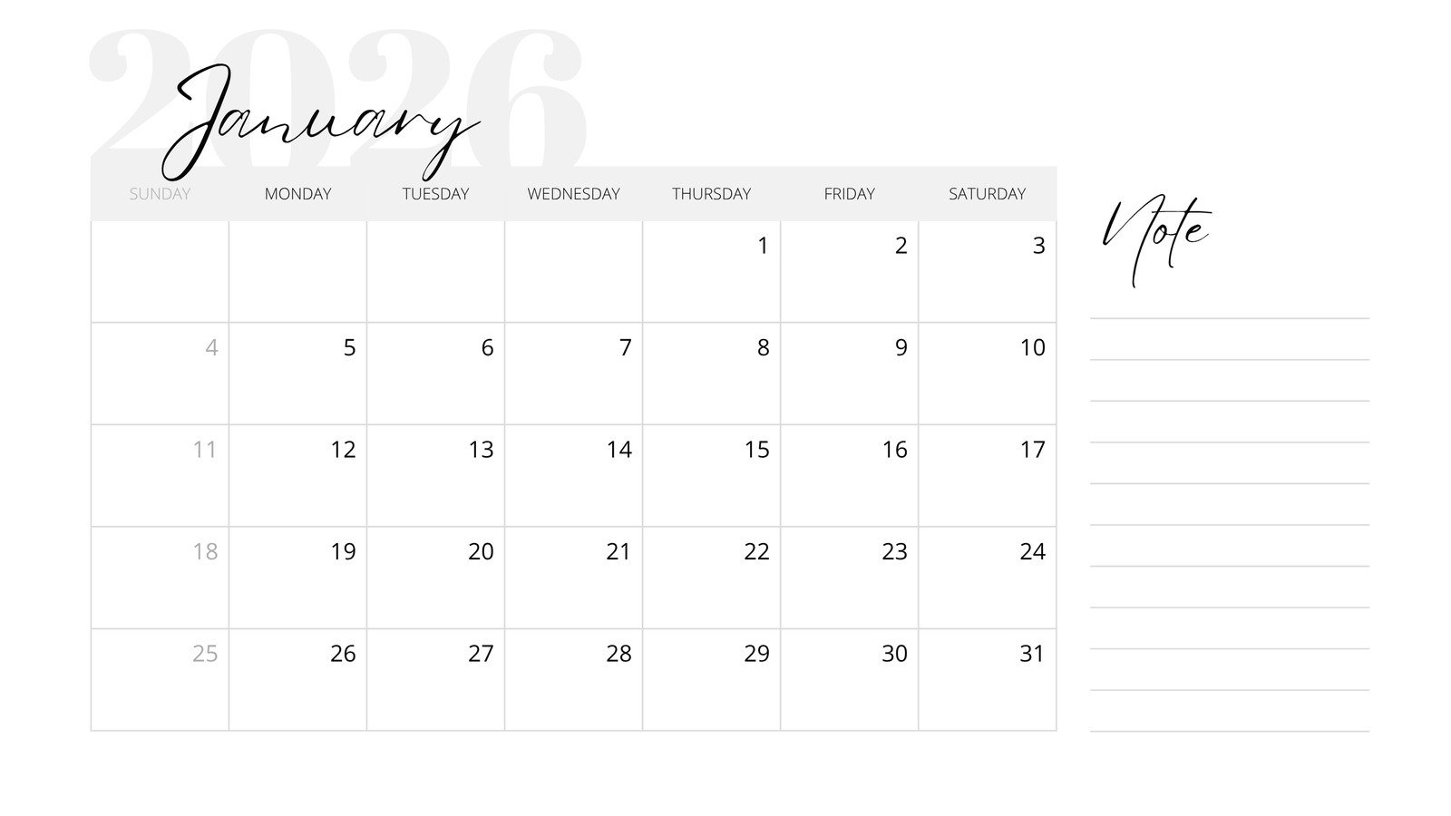 Free and editable January 2026 calendar