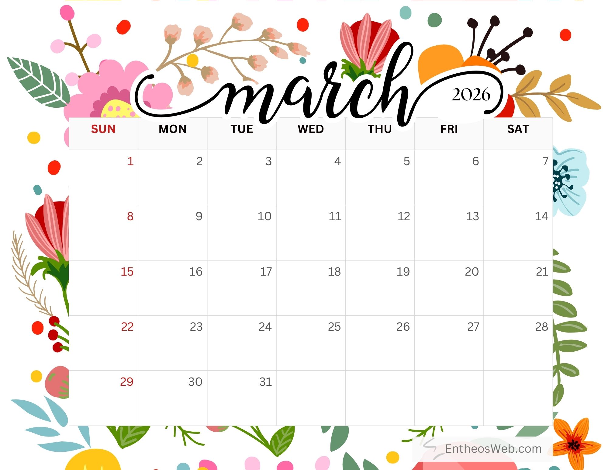 March 2026 Printable Calendars