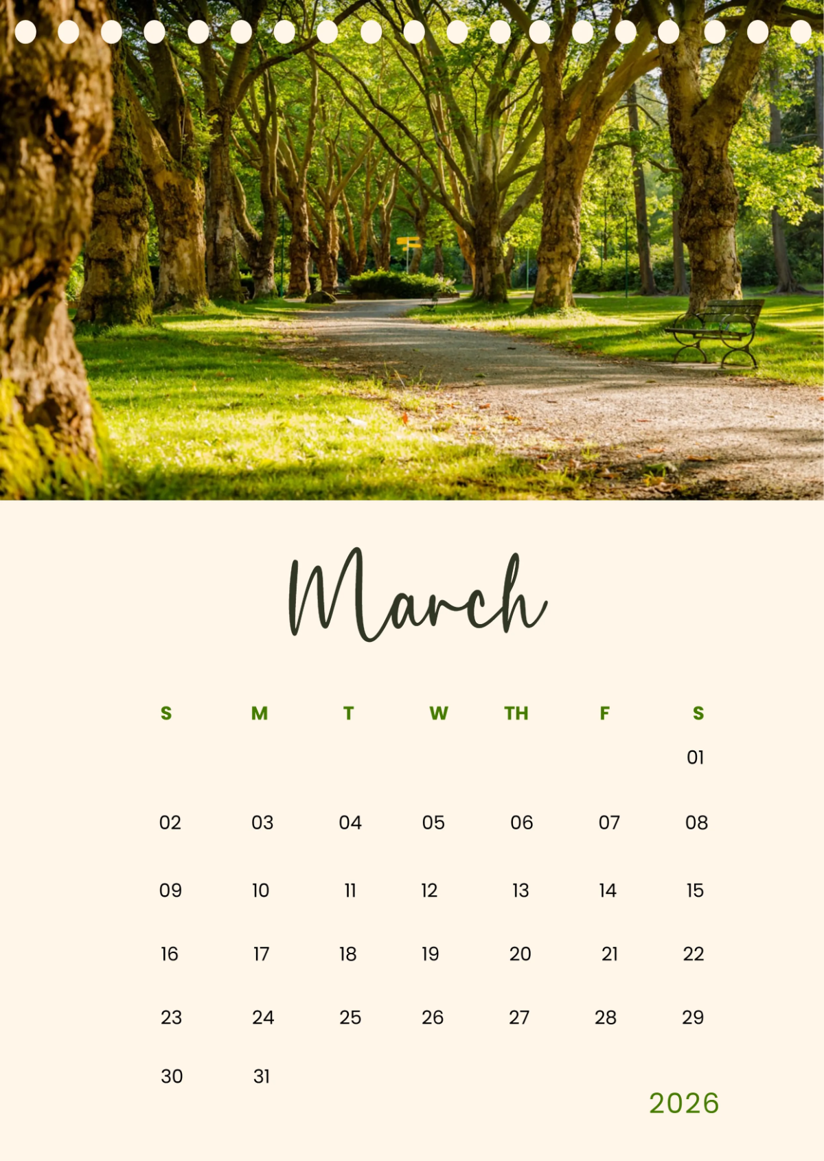 Free Spring March 2026 Calendar to Edit Online