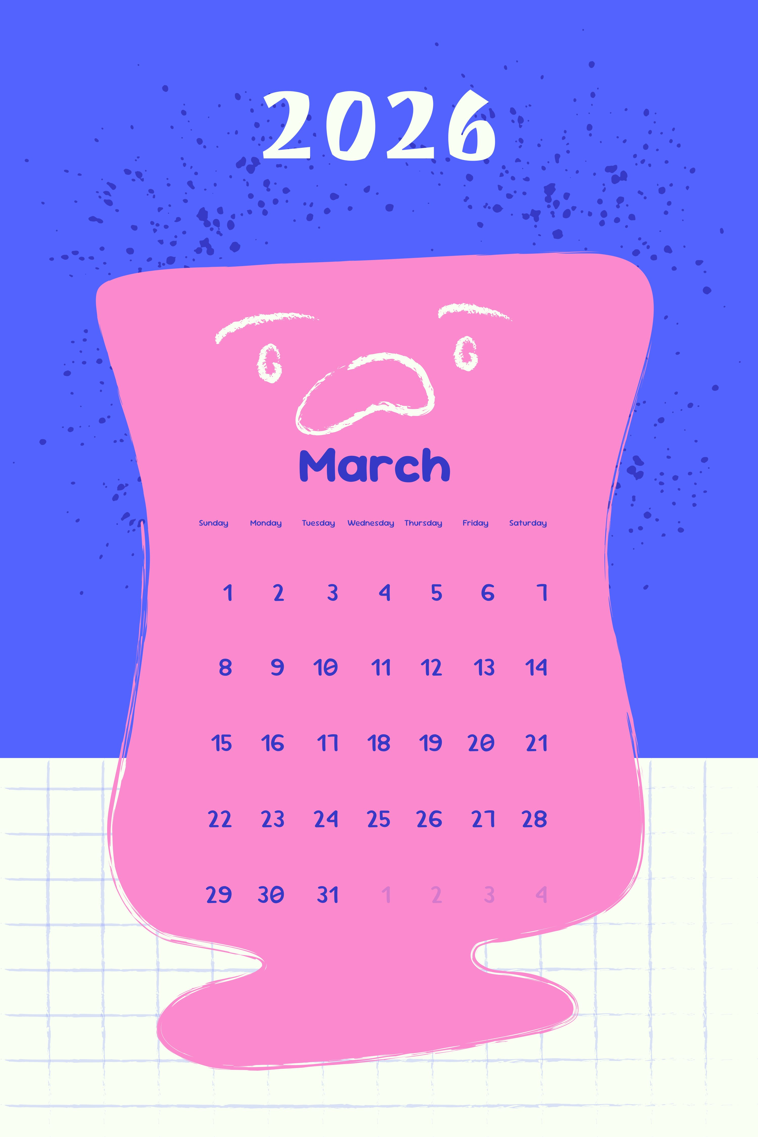 March 2026 calendar with a cartoon face. vector