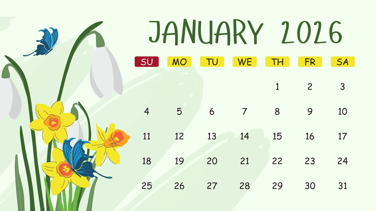 and editable January 2026 calendar