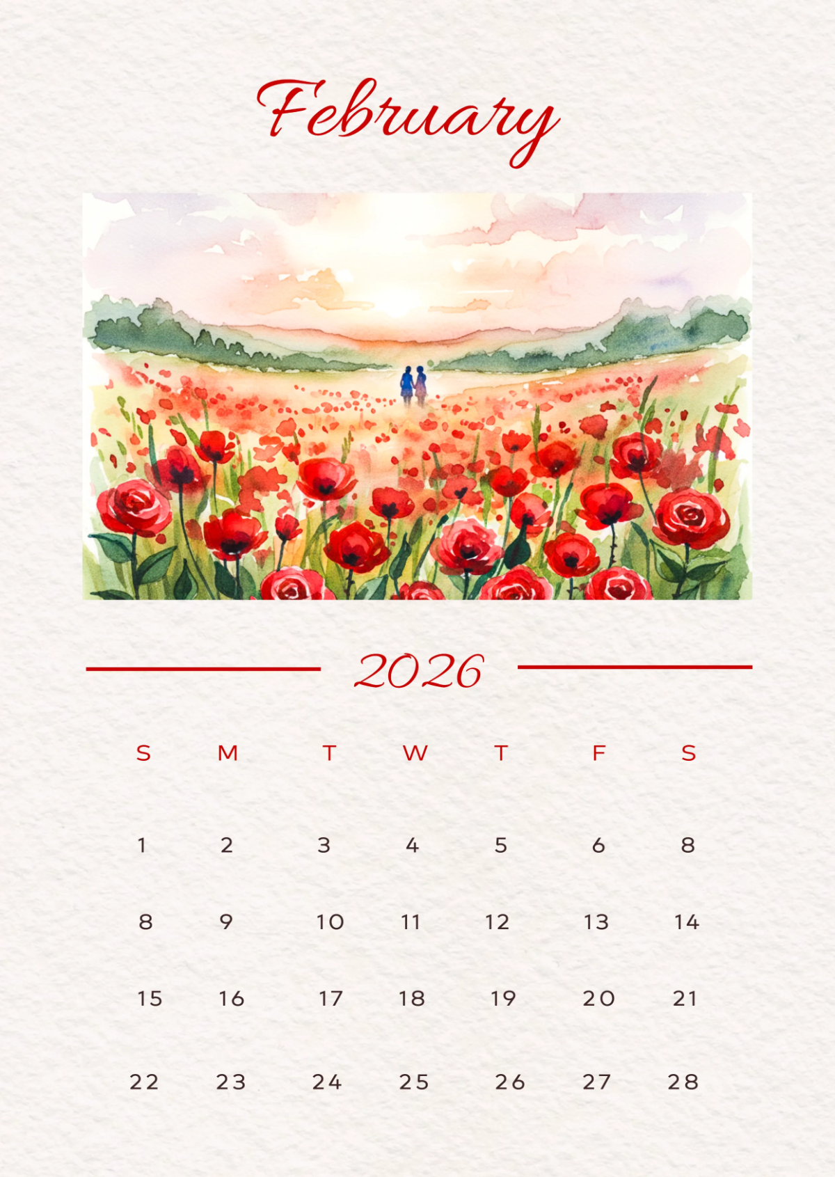 Free Watercolor February 2026 Calendar to Edit Online