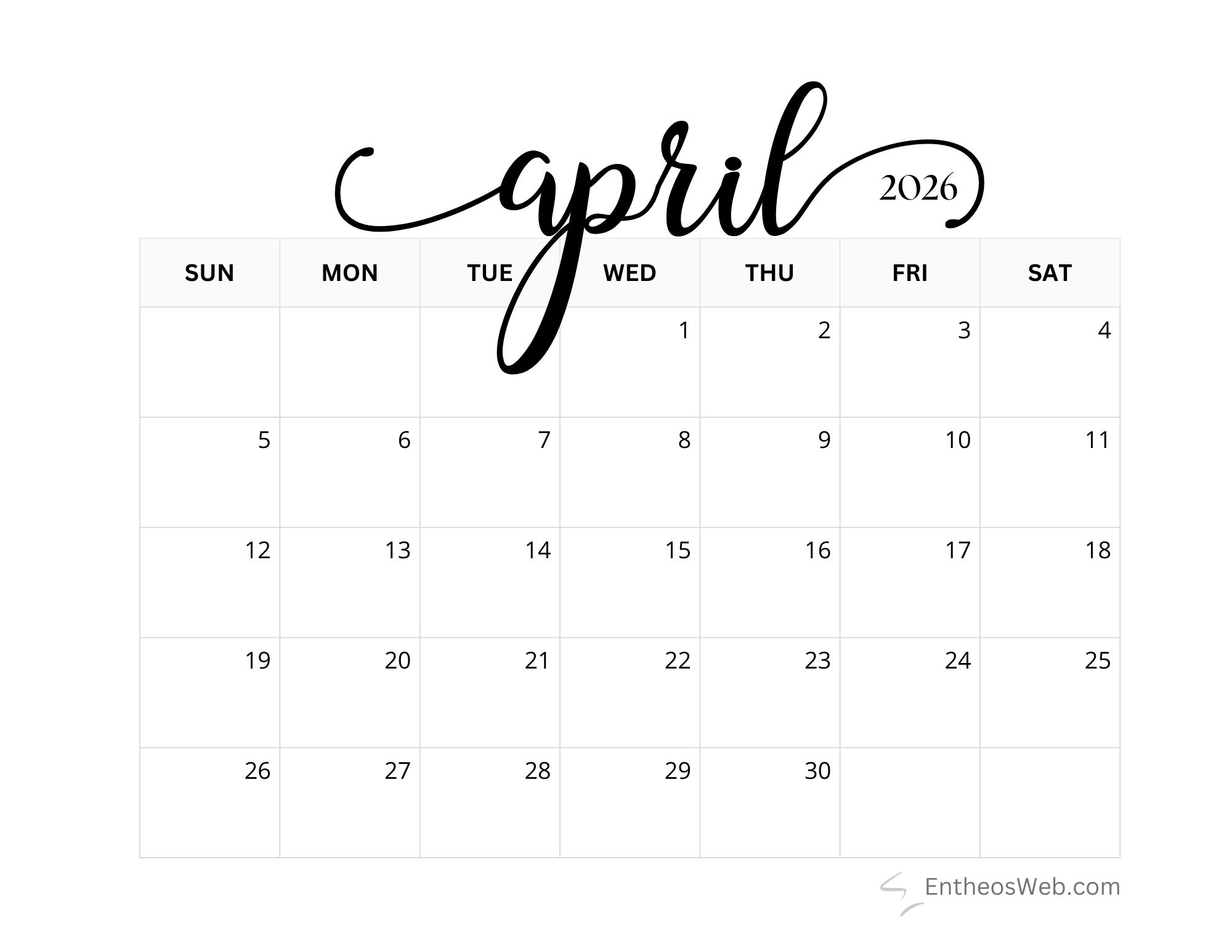 April 2026 Printable Calendars