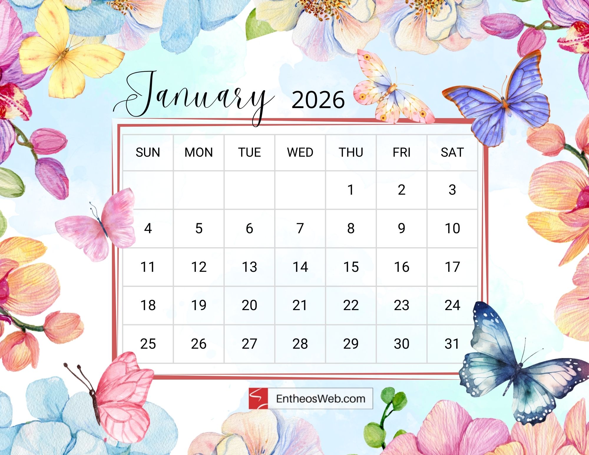 Butterfly Themed 2026 Printable Calendar