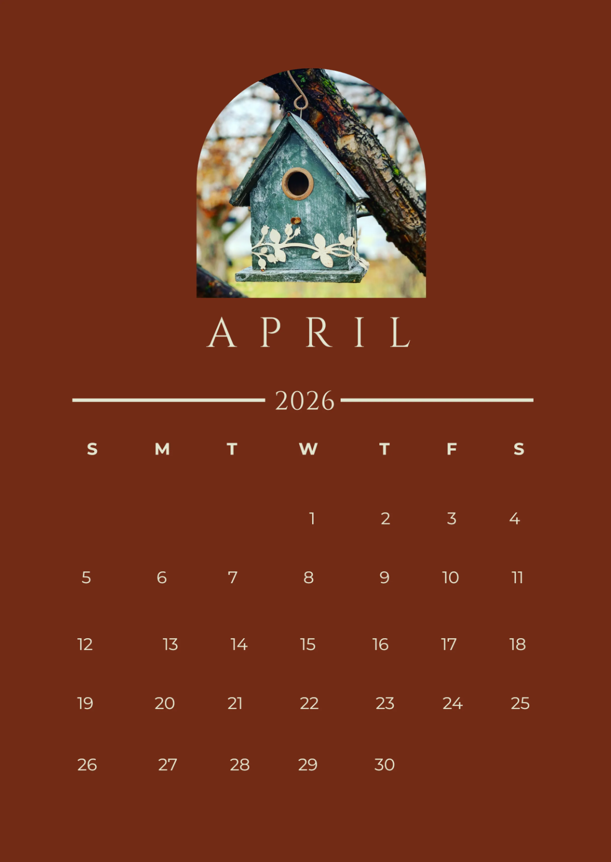 Free Rustic April 2026 Calendar to Edit Online