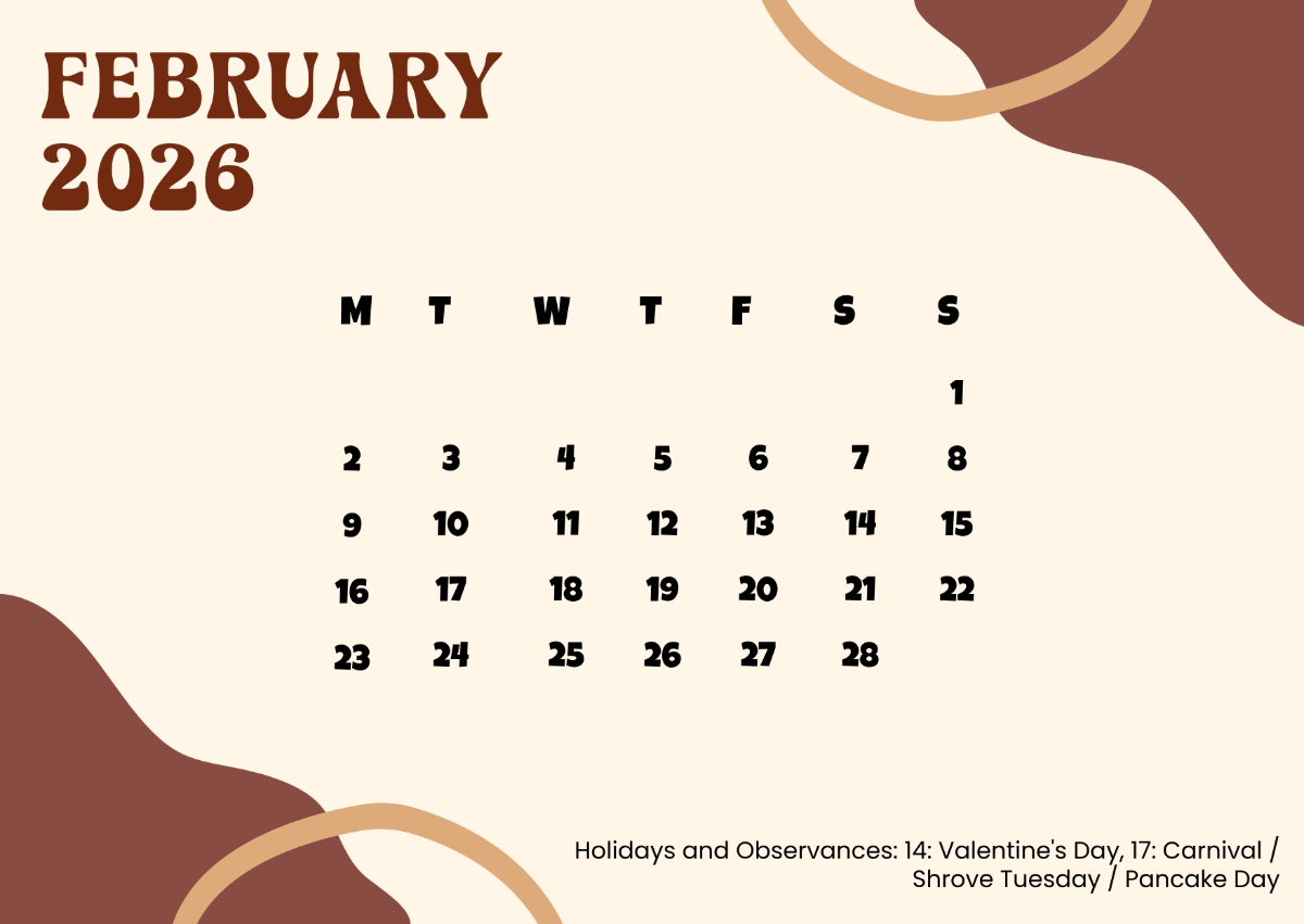 Free February 2026 UK Calendar to Edit Online