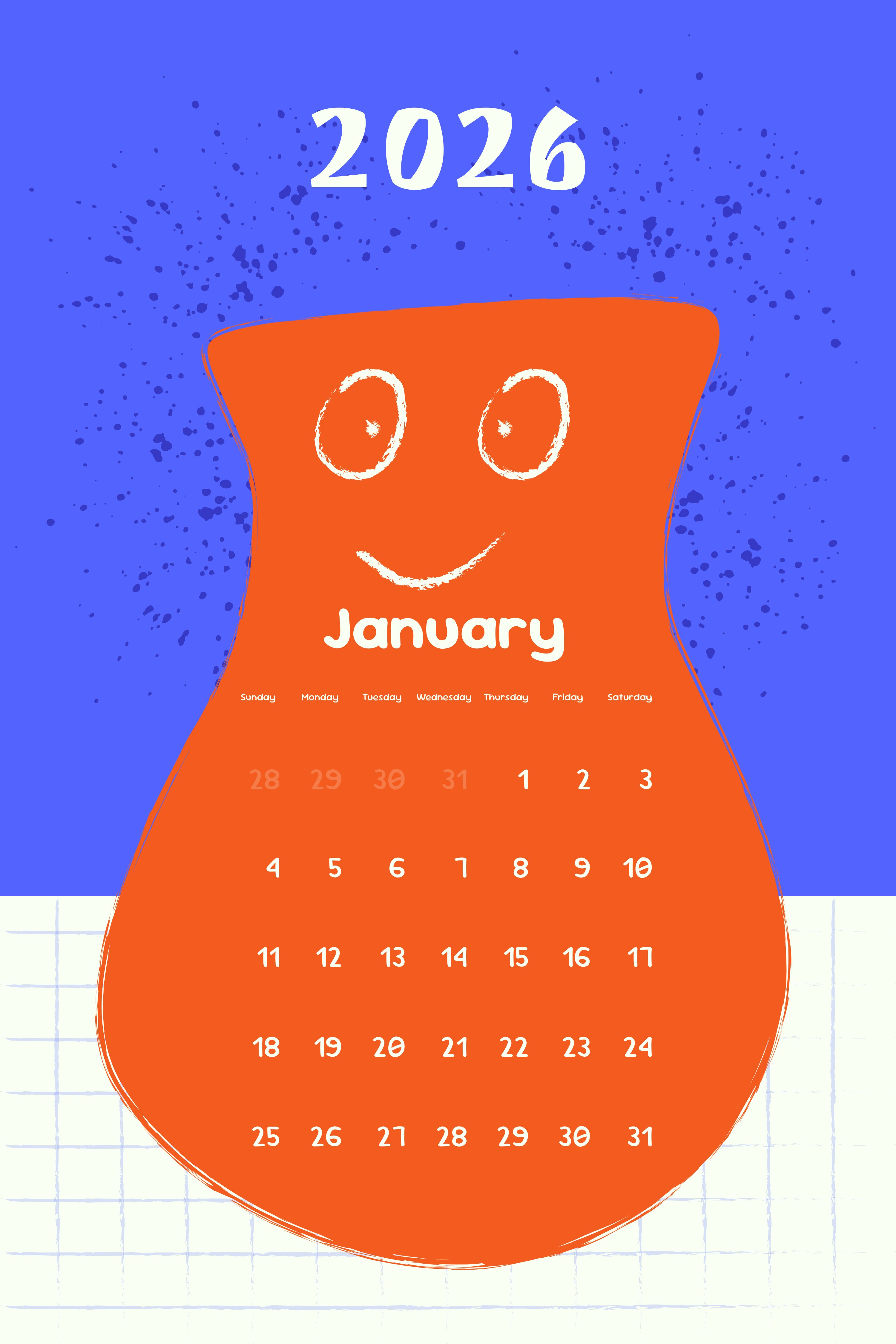 Orange vase character with january 2026 calendar. vector