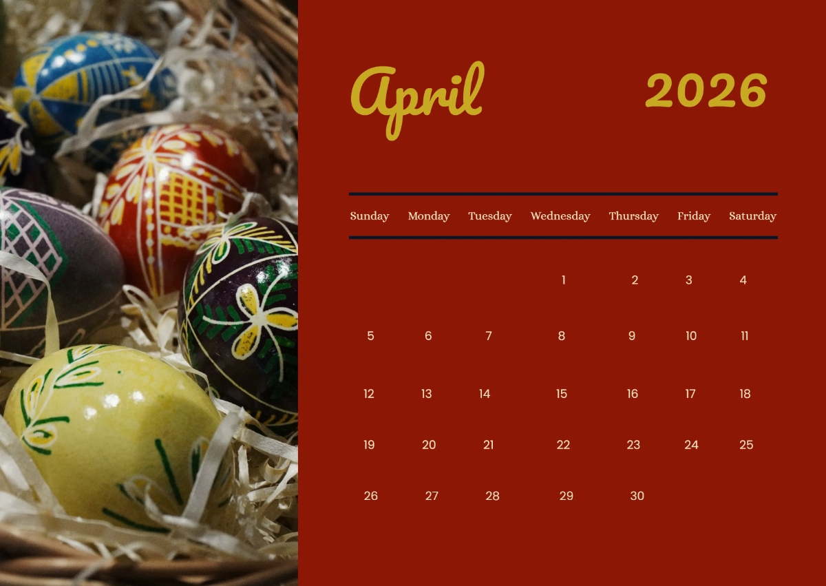 Free Festive April 2026 Calendar to Edit Online