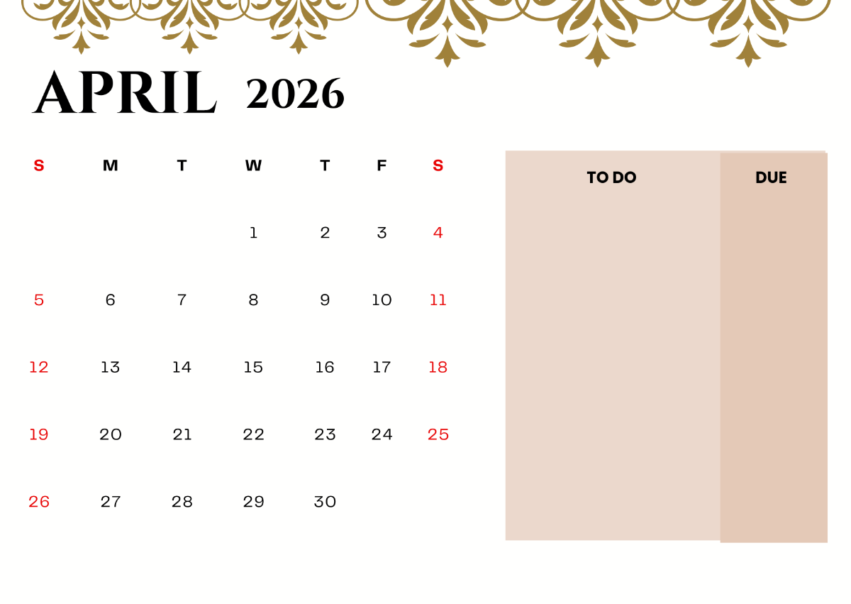 Free April 2026 Calendar With To Do List To Edit Online