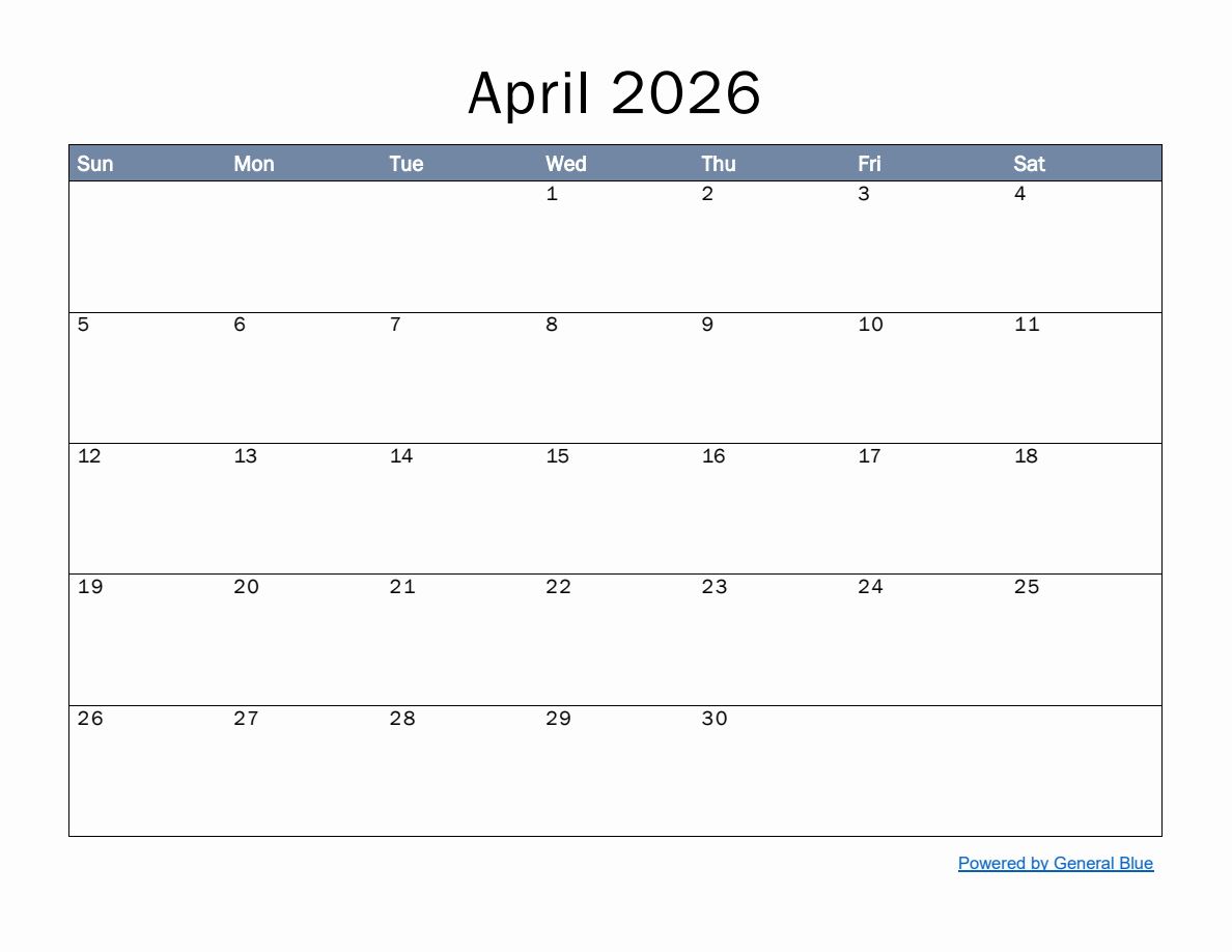 Monthly Calendar for April 2026