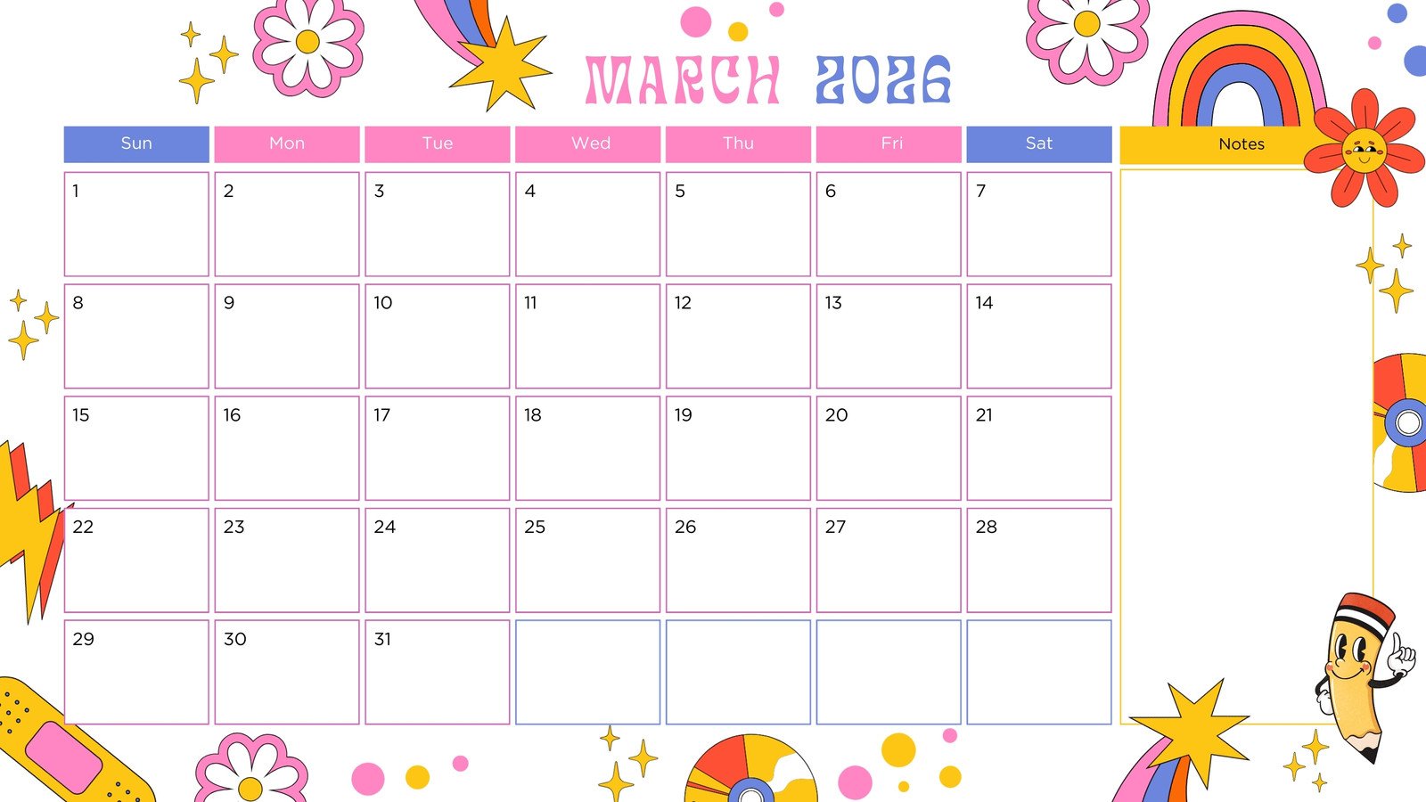 Free to edit and print March 2026 calendar