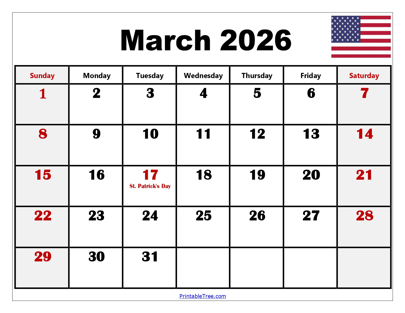 Blank March 2026 Calendar Printable PDF