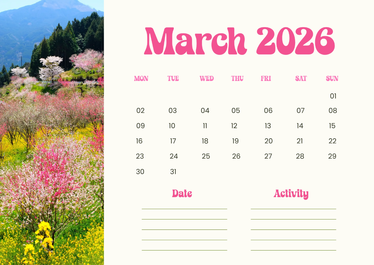 Free March 2026 Activity Calendar to Edit Online