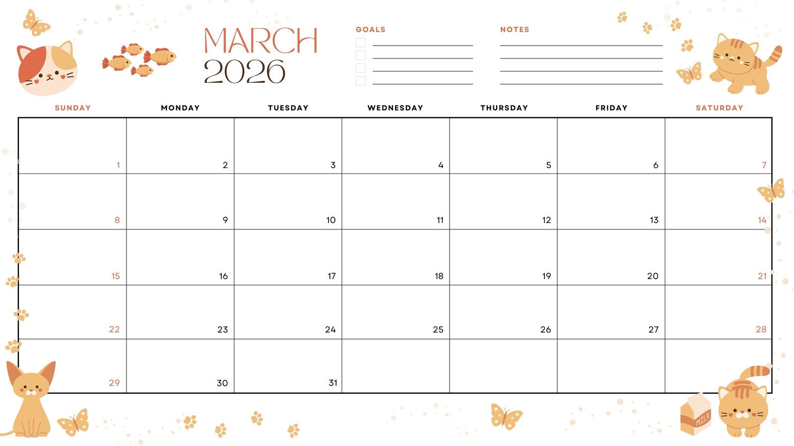 Free to edit and print March 2026 calendar