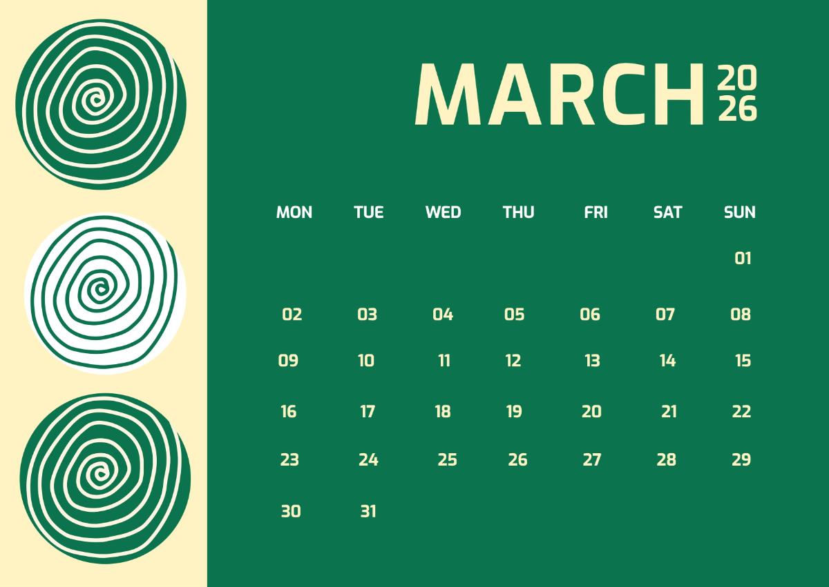 Free Green March 2026 Calendar to Edit Online