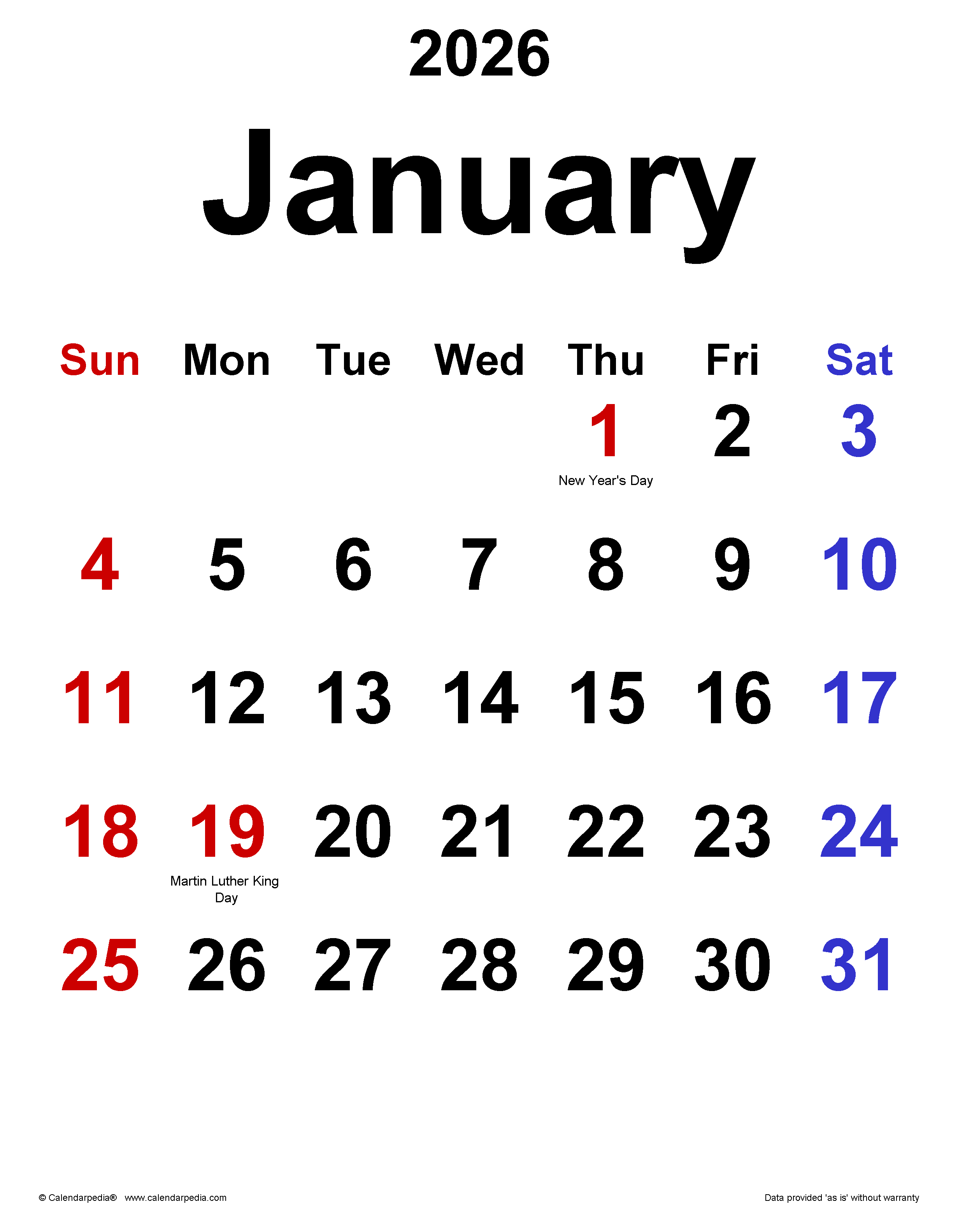 January 2026 Calendar. for PDF, Excel and Word