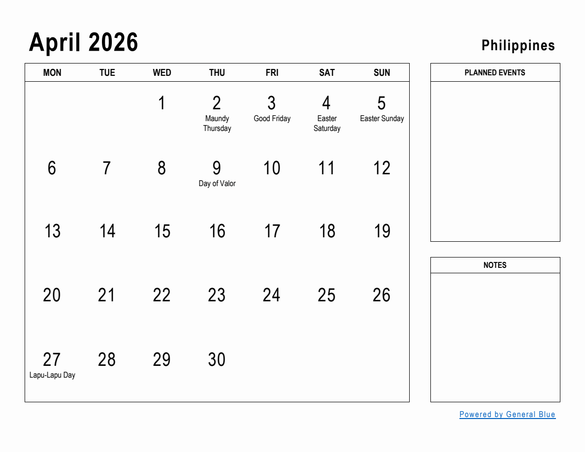 April 2026 Planner with Philippines Holidays (Monday Start)
