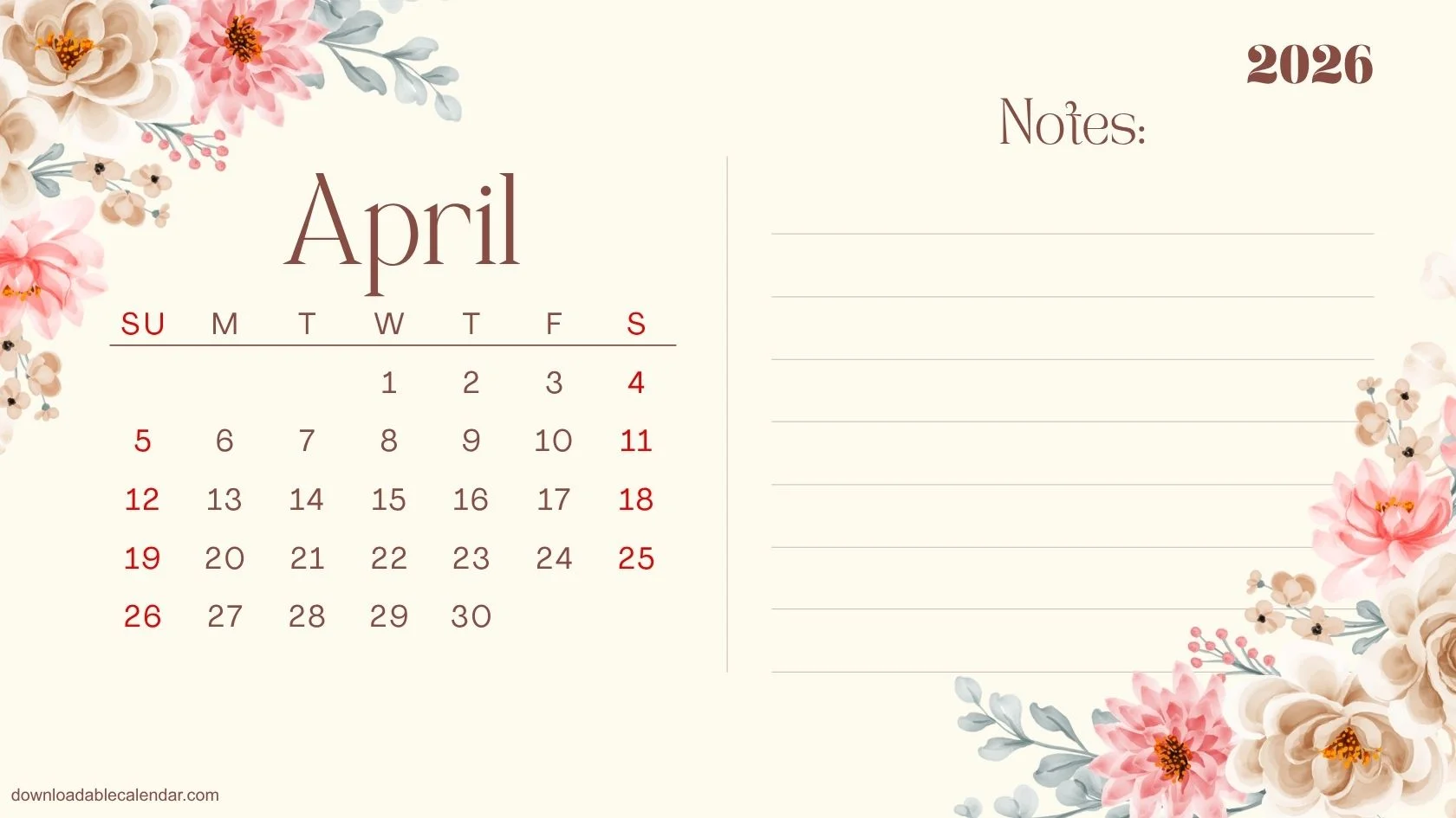 Floral Calendar Printable 2026, Plan, Write and Bloom
