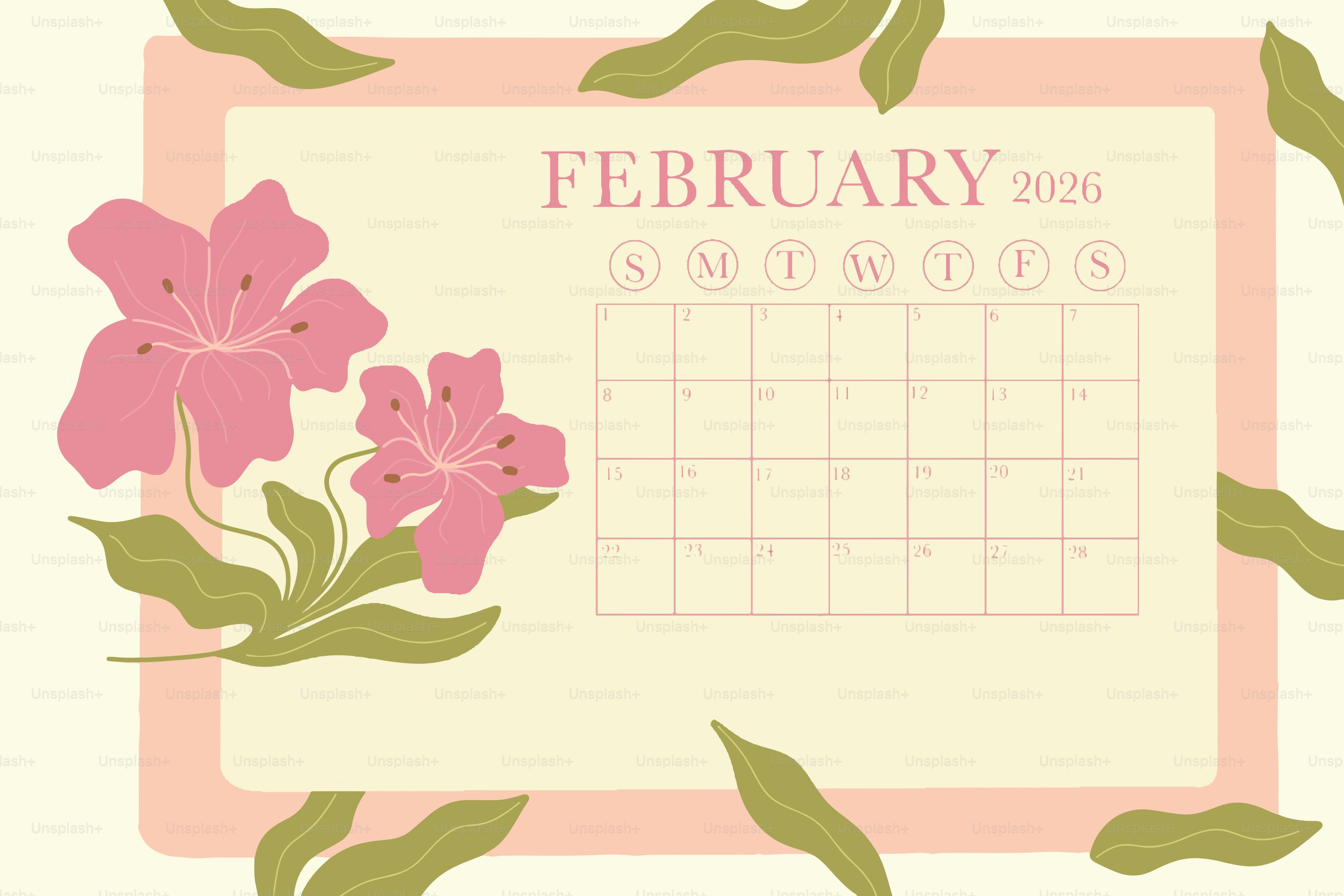 February 2026 calendar with red blossoms vector