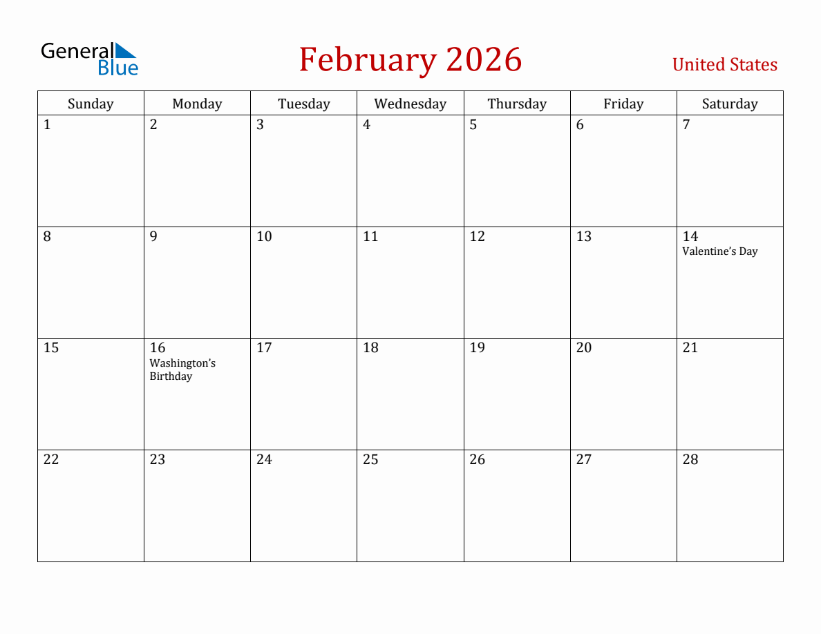 February 2026 United States Monthly Calendar with Holidays