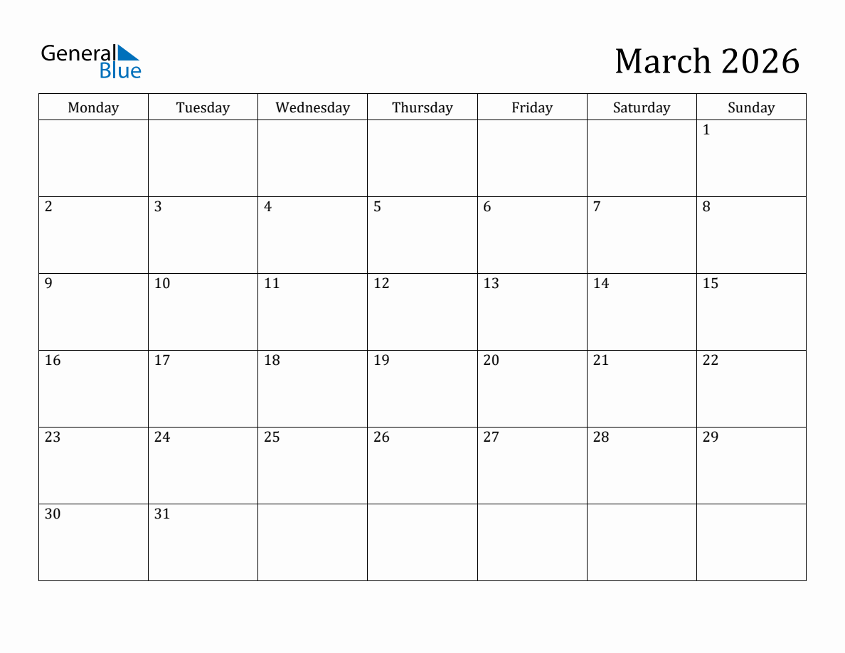 March 2026 Monday Start Calendar (PDF, Excel, Word)