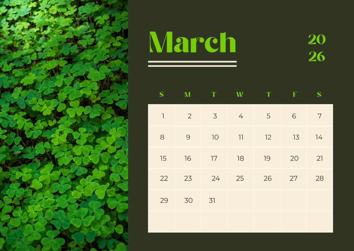 Free Clover March 2026 Calendar to Edit Online
