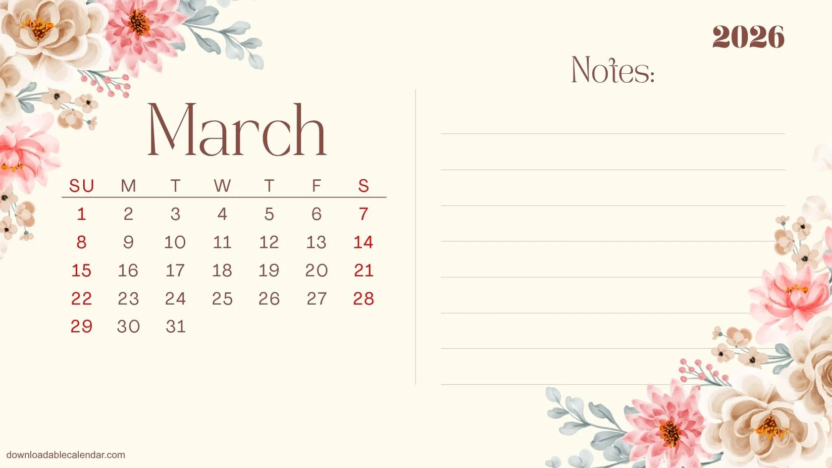 Floral Calendar Printable 2026, Plan, Write and Bloom