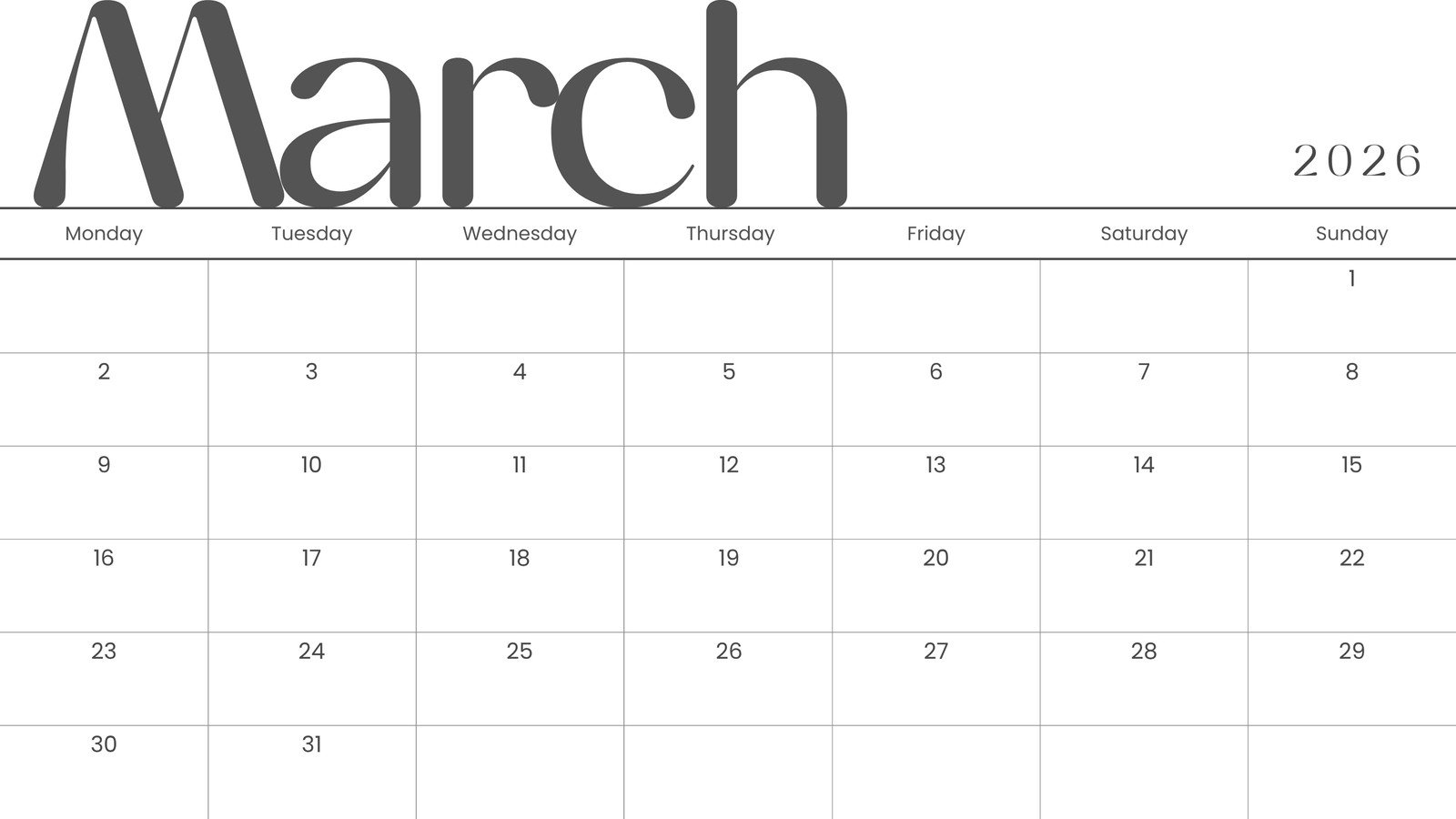 Free to edit and print March 2026 calendar