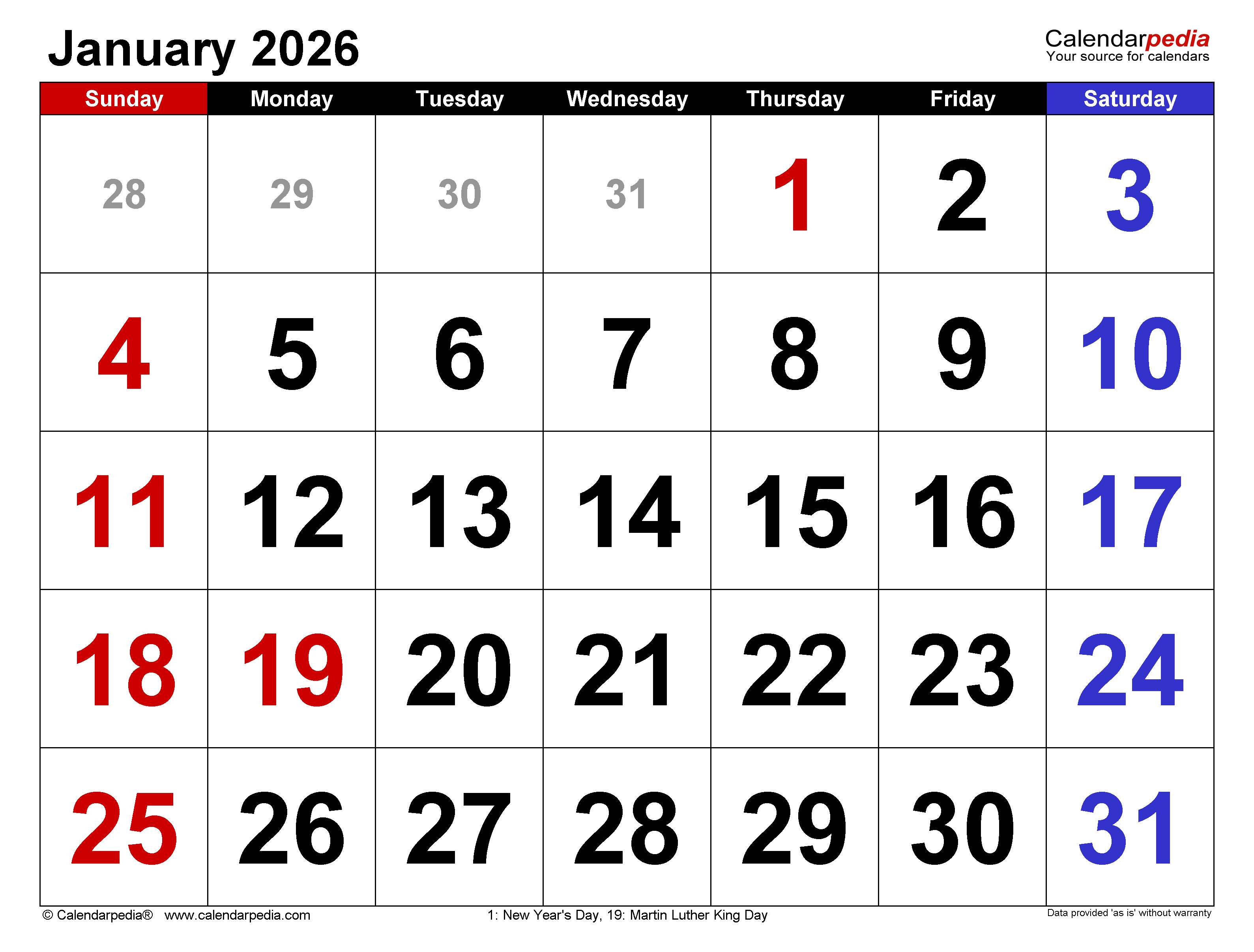 January 2026 Calendar. for PDF, Excel and Word