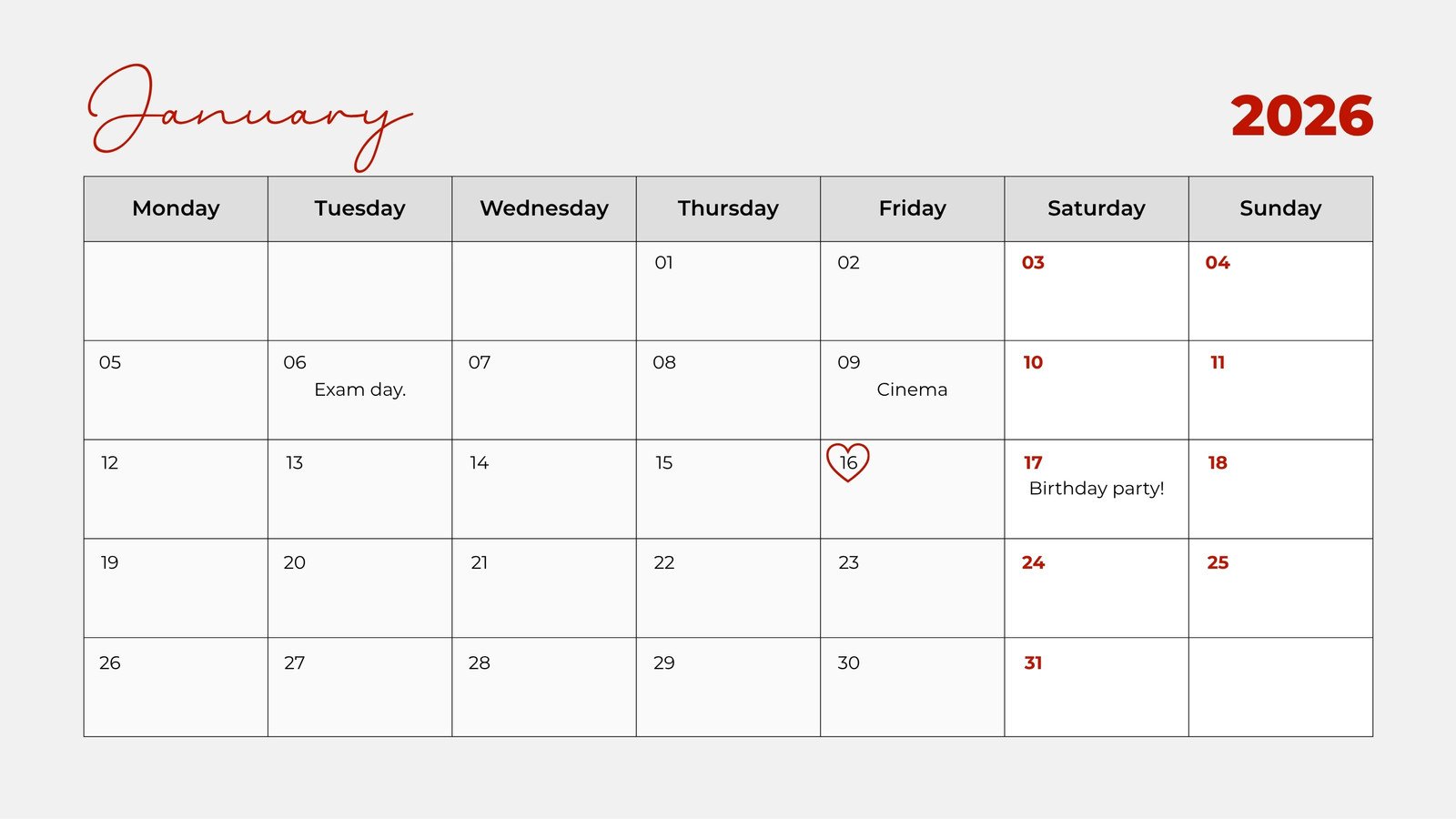 Free and editable January 2026 calendar