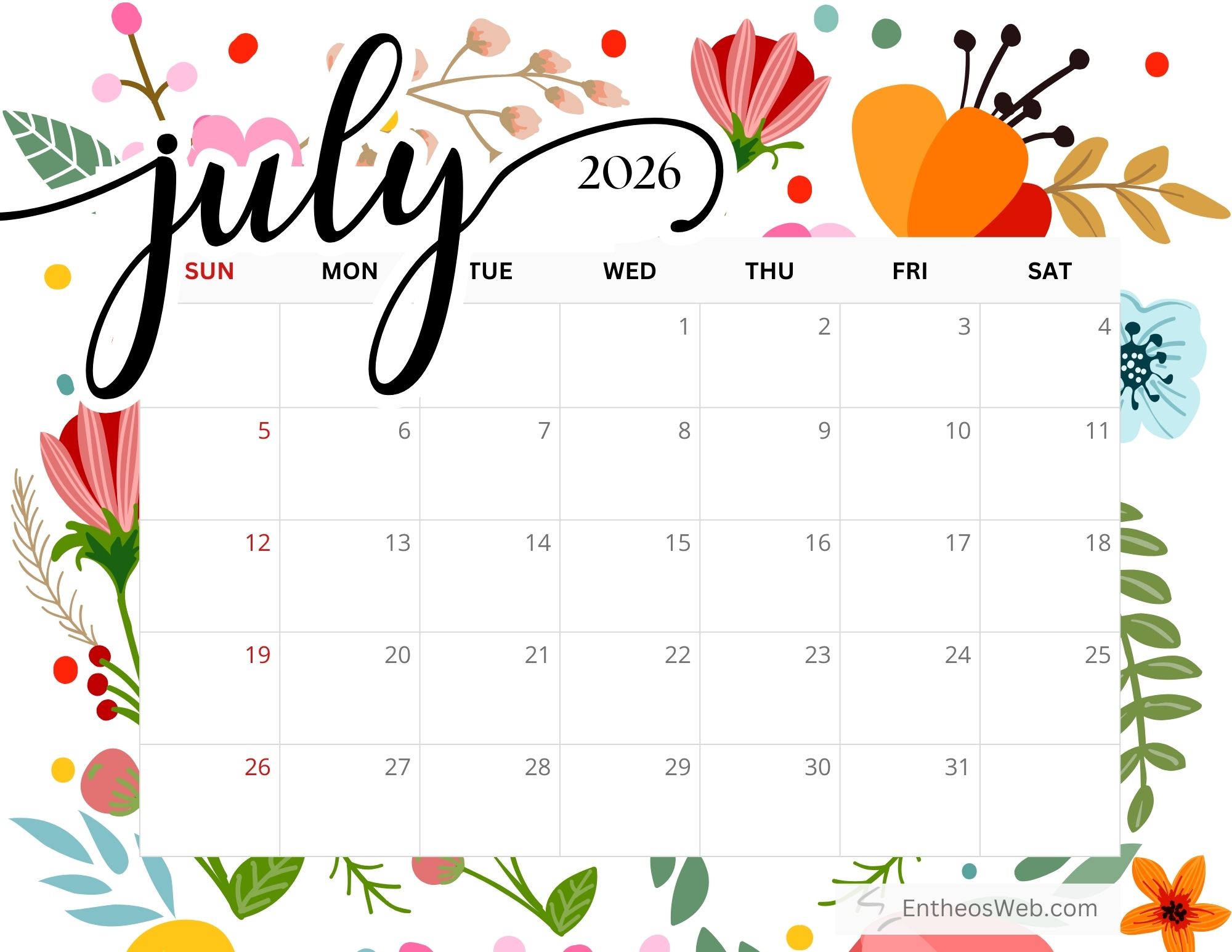 Free Printable July 2026 Calendars