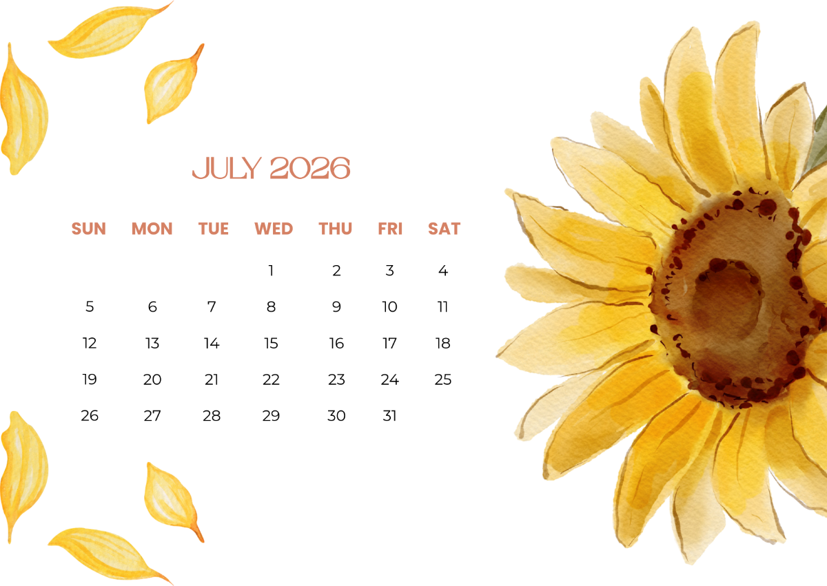 Free Sunflower July 2026 Calendar to Edit Online