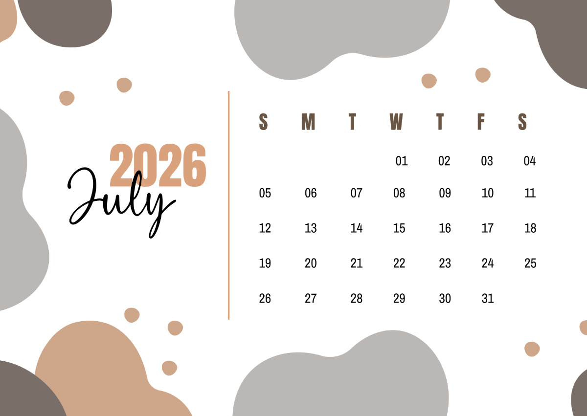 Free Simple Boho July 2026 Calendar to Edit Online